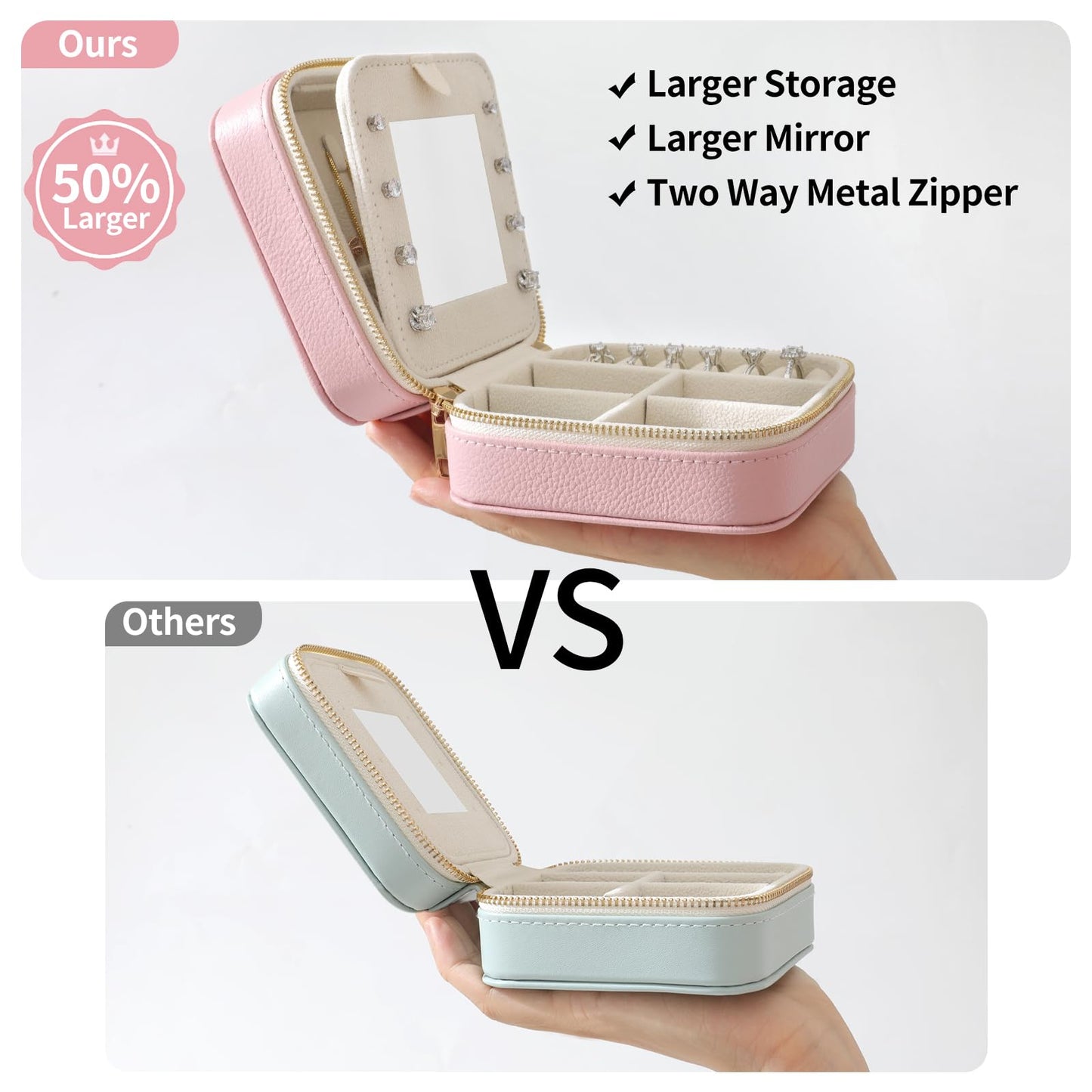 NGVRC Genuine Leather Travel Jewelry Organizer Case with Mirror for Women, Small Mini Portable Jewelry Box for Ring Earrings Necklace Bracelet Luxury Gift for Women（Beige）