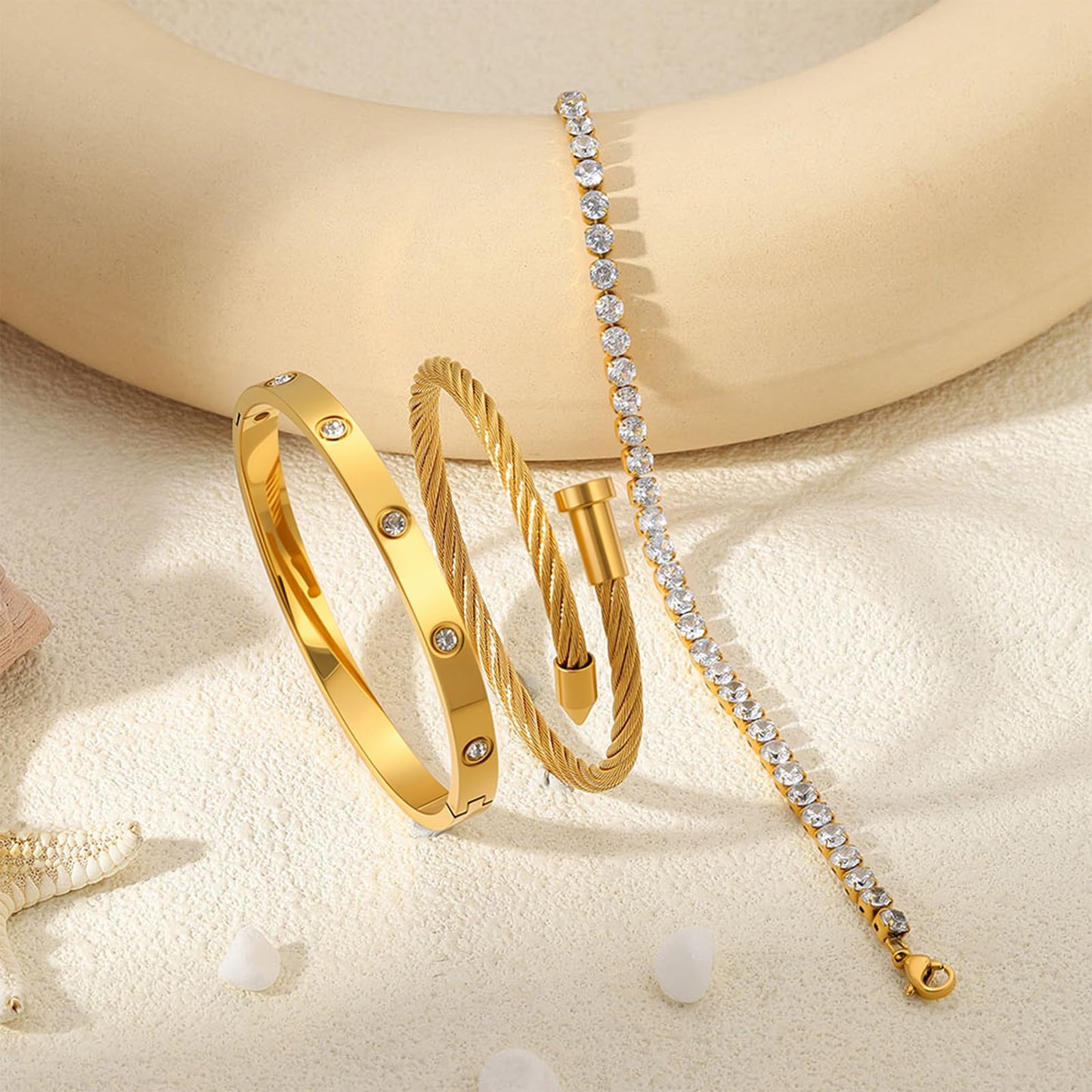 Camhanno Gold Bracelets for Women- 18K Gold Plated Stainless Steel Love Bangle, Nail & Tennis Bracelets Stack Set for Women with Gift Box |Accessories Designer Jewelry (Gold Bracelets)