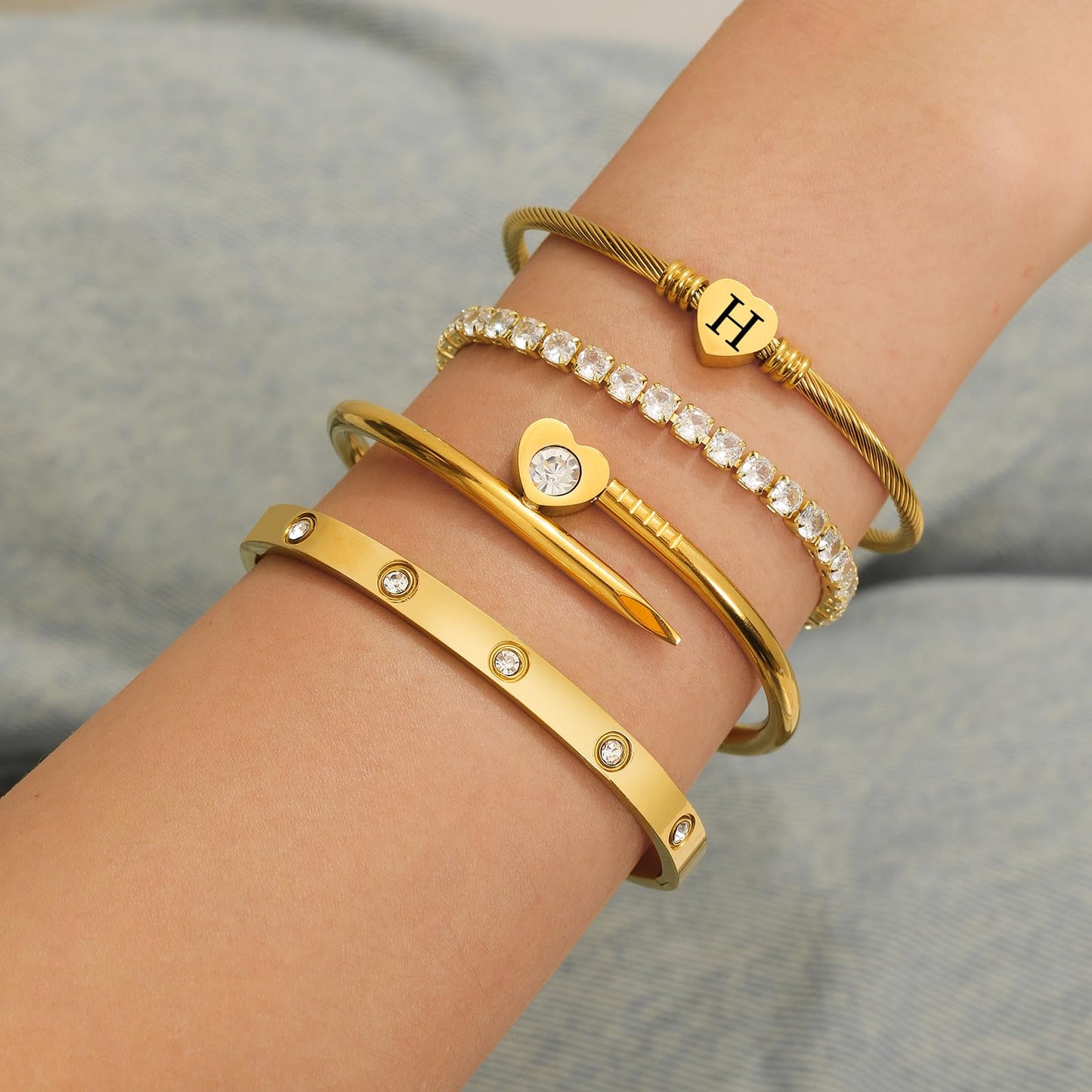 MEIERYA18K Gold Plated Nail love Bangle Bracelet Set for Women,Cubic Zirconia,Adjustable tennis bracelet Trendy Gift Jewelry for Mother's Day Anniversary (07-Style-H)