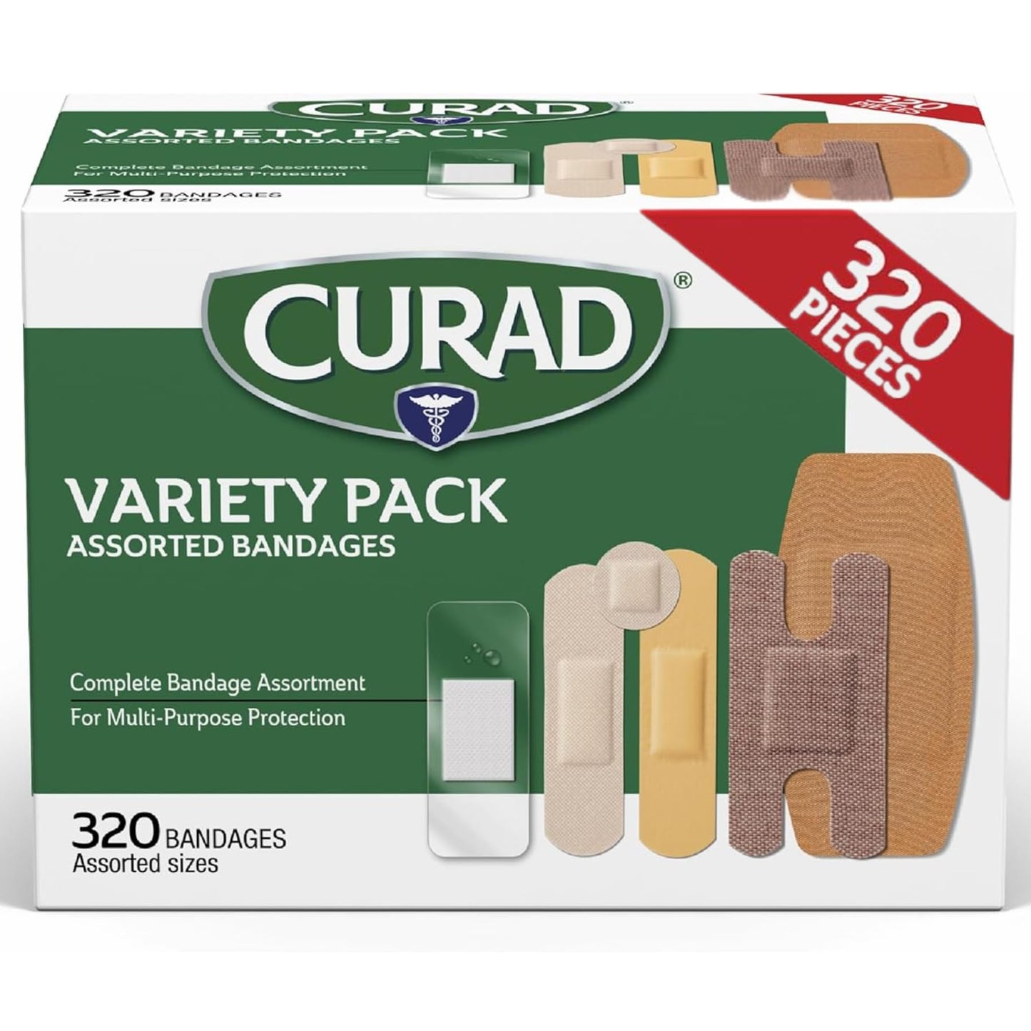 CURAD Assorted Bandages Bulk Variety Pack | 320 Count |5 Styles Including Waterproof, Sheer, Plastic, Heavy Duty & Flex-Fabric | First Aid Kit Essentials | Protects Scrapes, Cuts & Burns