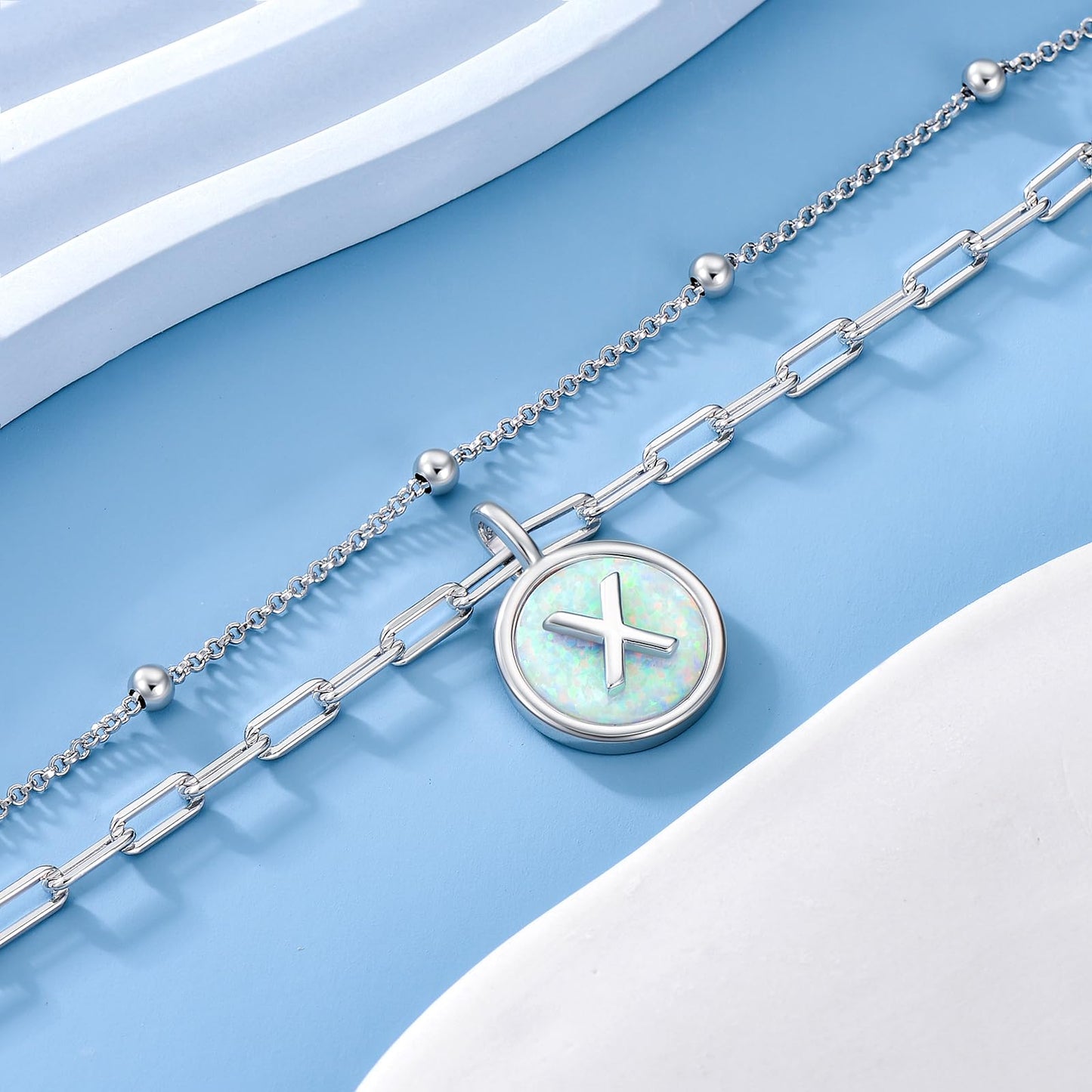 LWQQWL Initial X Bracelet for Women 925 Sterling Silver Layered Initial Bracelet Opal Letter 26 Alphabet Jewelry Christmas Gifts