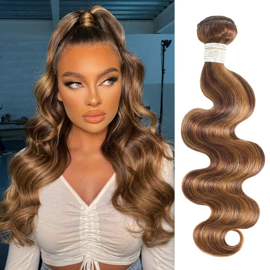 AUROO 12A Honey Blonde Highlight Body Wave Single Bundles Human Hair 10 Inch, 100% Virgin Brazilian Weaves Thick Track Brown Ombre #P4/27 Balayage Colored Human Hair Bundles Extensions Sew In Remy