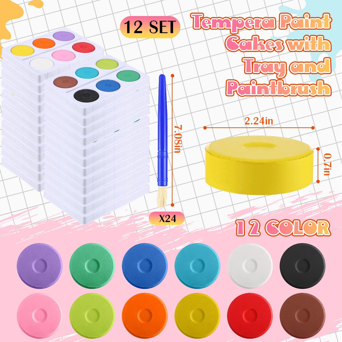 Nuanchu 12 Set 144 Pcs Tempera Paint Cakes with Tray 12 Colors 2.24 x 0.71 Inch Painting Cakes with Paintbrush Paints Blocks Art Supplies for Art Sessions Drawing Artists Beginners