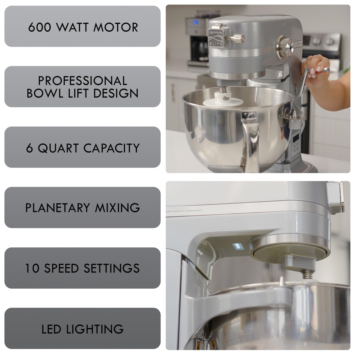 Kenmore Elite Bowl-Lift Stand Mixer – Professional Electric Batidora de Pie for Baking Heavy Duty Countertop Kitchen Appliance with 5 & 6 Qt Stainless Steel Bowls Flat Beater Whisk Dough Hook