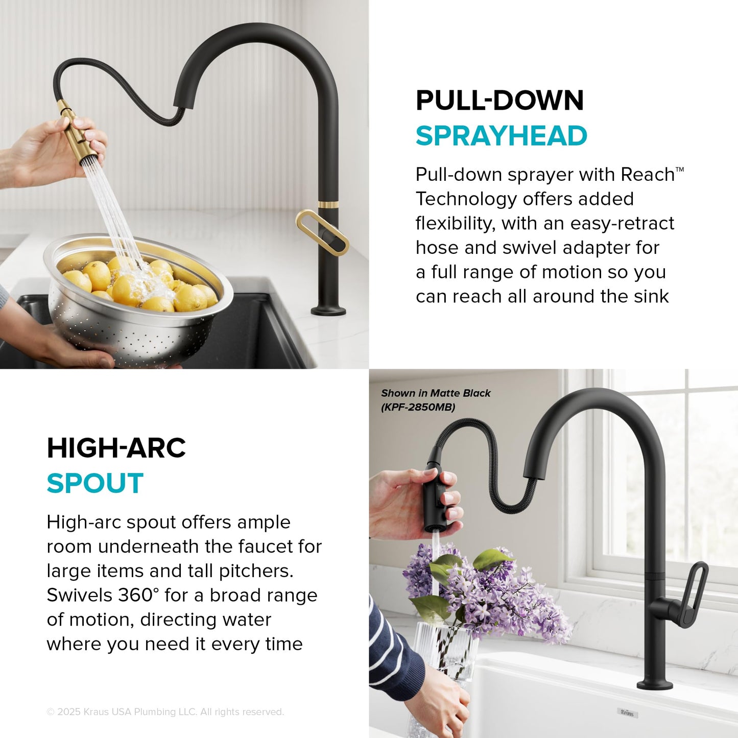 KRAUS Vetra 2-Function Single Handle Pull Down Kitchen Faucet in Spot-Free Brushed Brass/Matte Black, KPF-2850SFBBMB