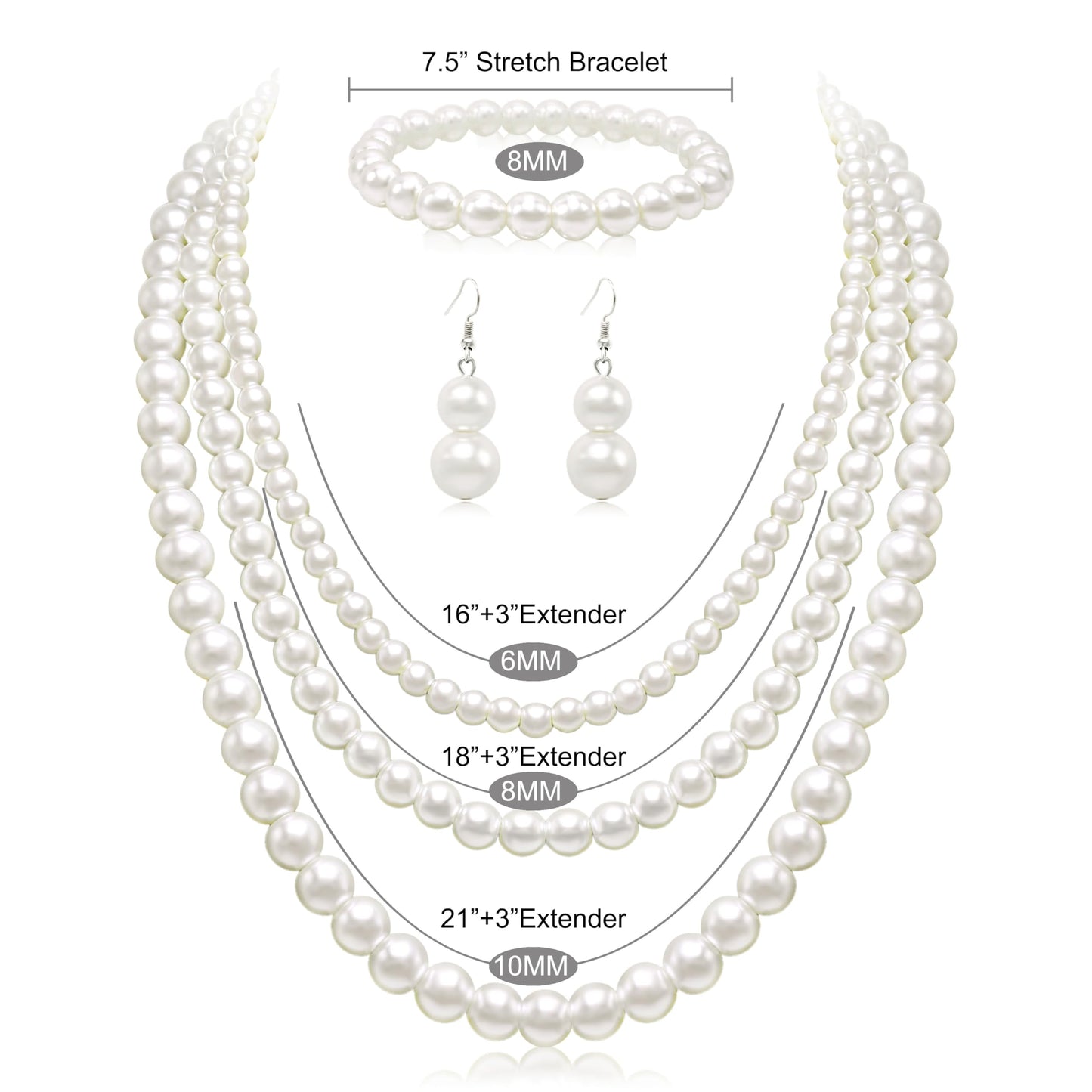 Cryshimmer Pearl Necklaces Earring Bracelet for Women Cream White Faux Pearl Beads Strand Layered Necklace Costume Jewelry Set(16"/18"/21")
