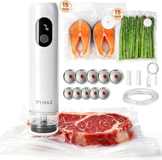 Electric Handheld Vacuum Sealer for Food: 41-PC Kit with 30 Reusable Bags & 10 Mason Jar Valve Lids, Portable Cordless Vacuum Sealer Machine for Kitchen, Meal Prep, RV Camping & Sous Vide