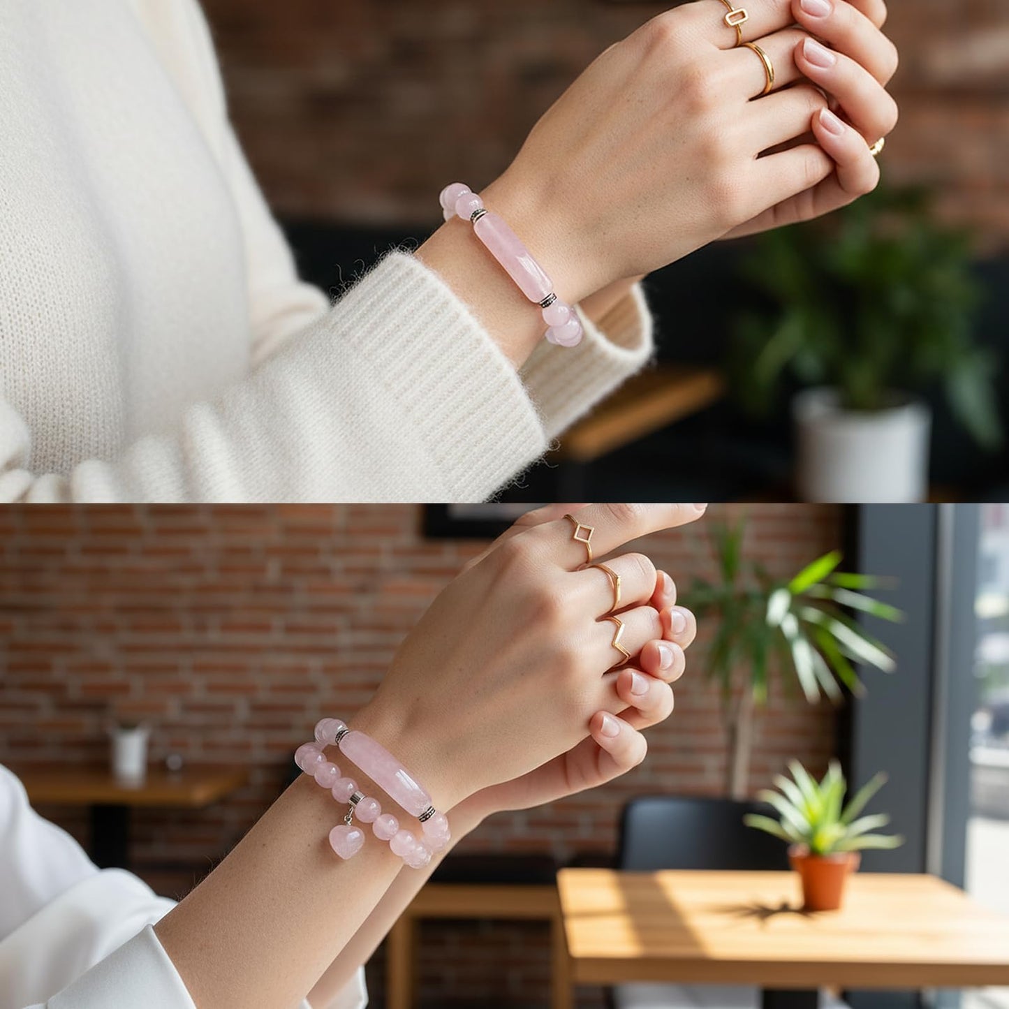 TUMBEELLUWA Healing Stone Bracelet 8mm Beads Chakra Crystal Energy Heart Charm Bracelet Handmade Jewelry for Women, Rose Quartz