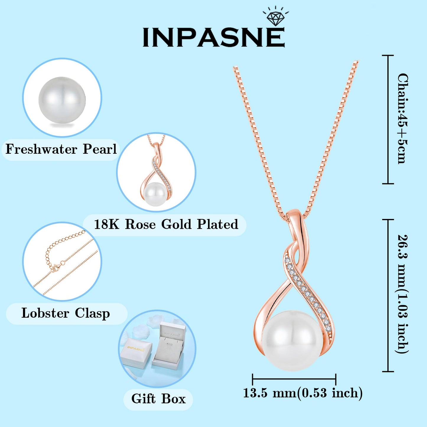 Inpasne 18K Rose Gold Plated Freshwater Pearl Necklace and Earrings Set for Women 925 Sterling Silver Pearl Jewelry for Bride Bridesmaid