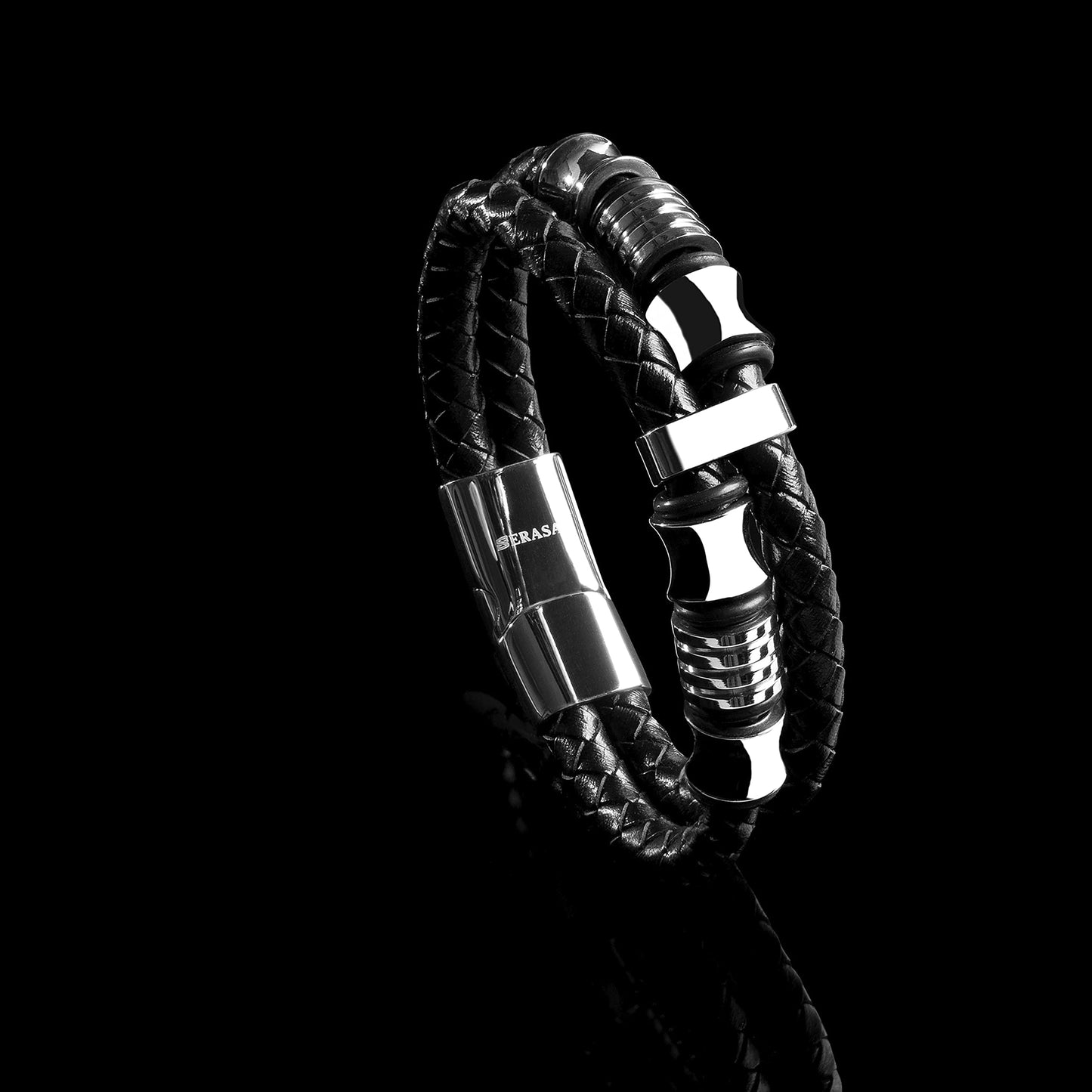 SERASAR 9″ Silver Leather Bracelets for Men Mens Cowhide Gift Box Braided Bracelet Stainless Steel Jewelry Wrist Band Cuff Wrap Rope Bangle Dad Pulseras para Hombres Cuero Regalo