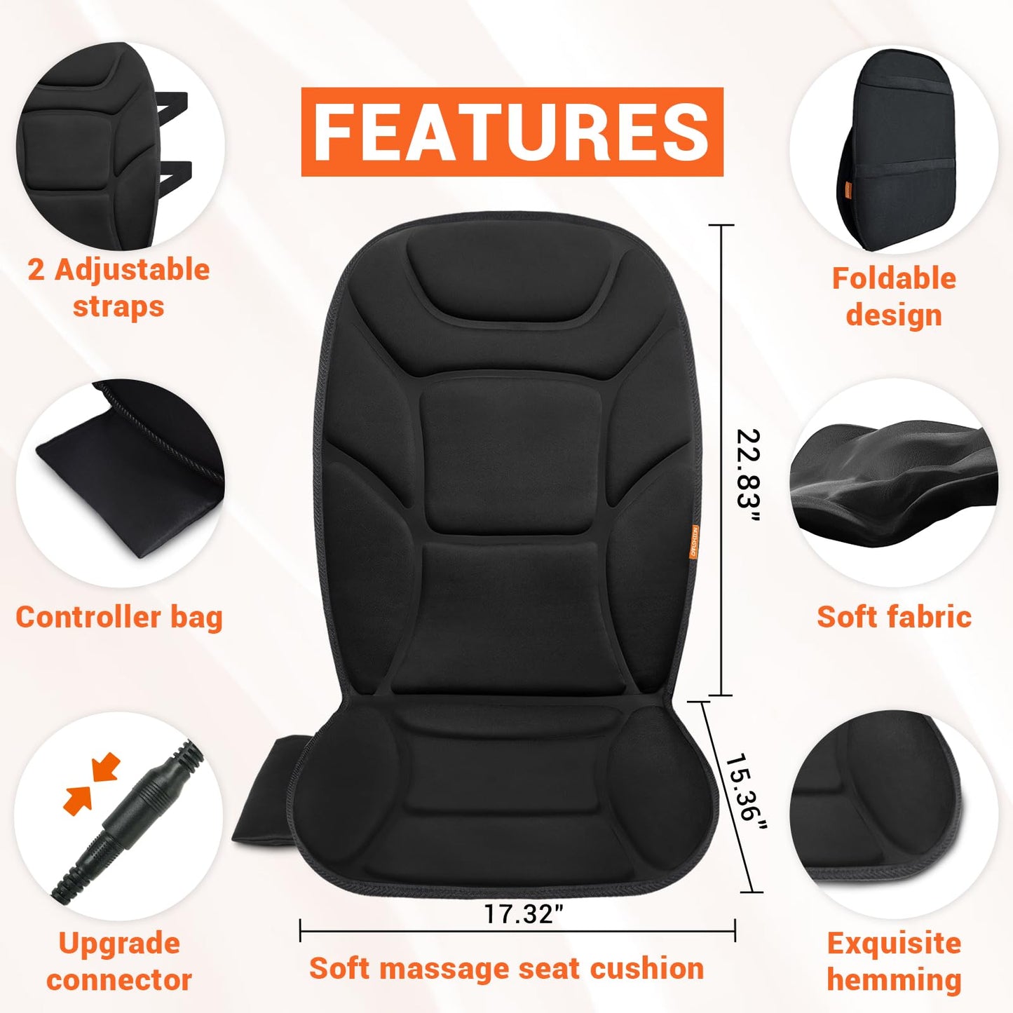 CARSHION Massage Seat Cushion with Full Back Thighs Heat Back Massager for Chair with 3 Heating Pads 6 Vibrating Motors, Massage Chair Pad for Home Office, Heated Seat Cover Warmer for Pain Relief
