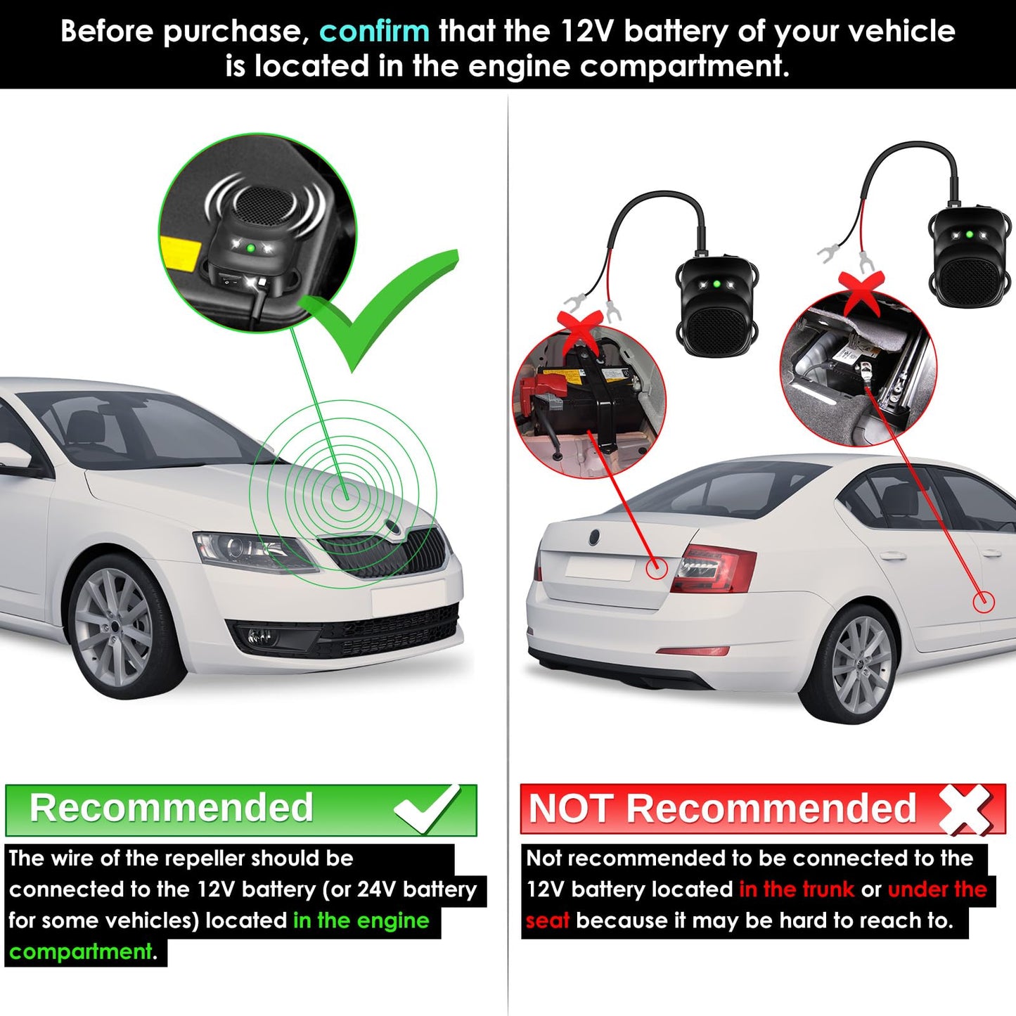 Under Hood Rodent Repellent for Car Engines, Dual Action Ultrasonic & LED Strobe Lights for High-Efficiency Rat and Mouse Deterrent, Pest Control for 12V 24V Vehicles, Cars, Trucks, RVs