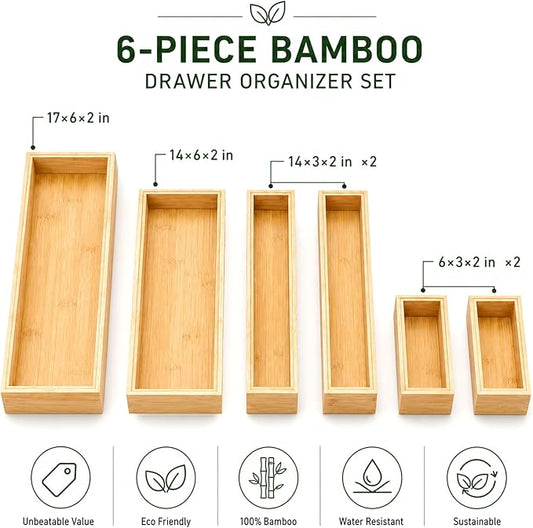 Bamboo Kitchen Drawer Organizer for Utensils, Set of 6 Stackable Silverware Tray for Drawer, Multi-Use Storage Bamboo Trays for Utensil Holde, Office, Makeup, Jewelry, Bathroom