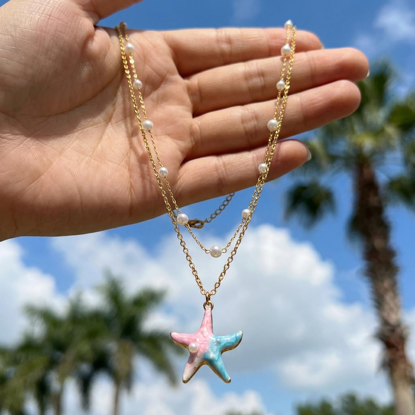 Harlermoon Gold Starfish Necklace for Women - 18K Gold Plated Stainless Steel Ocean Beach Jewelry, Sea Turtle Shell Pearl Pendant, Waterproof Non Tarnish Snake Chain Choker, Summer Vacation Mermaid Gifts (Large Starfish Pearl)