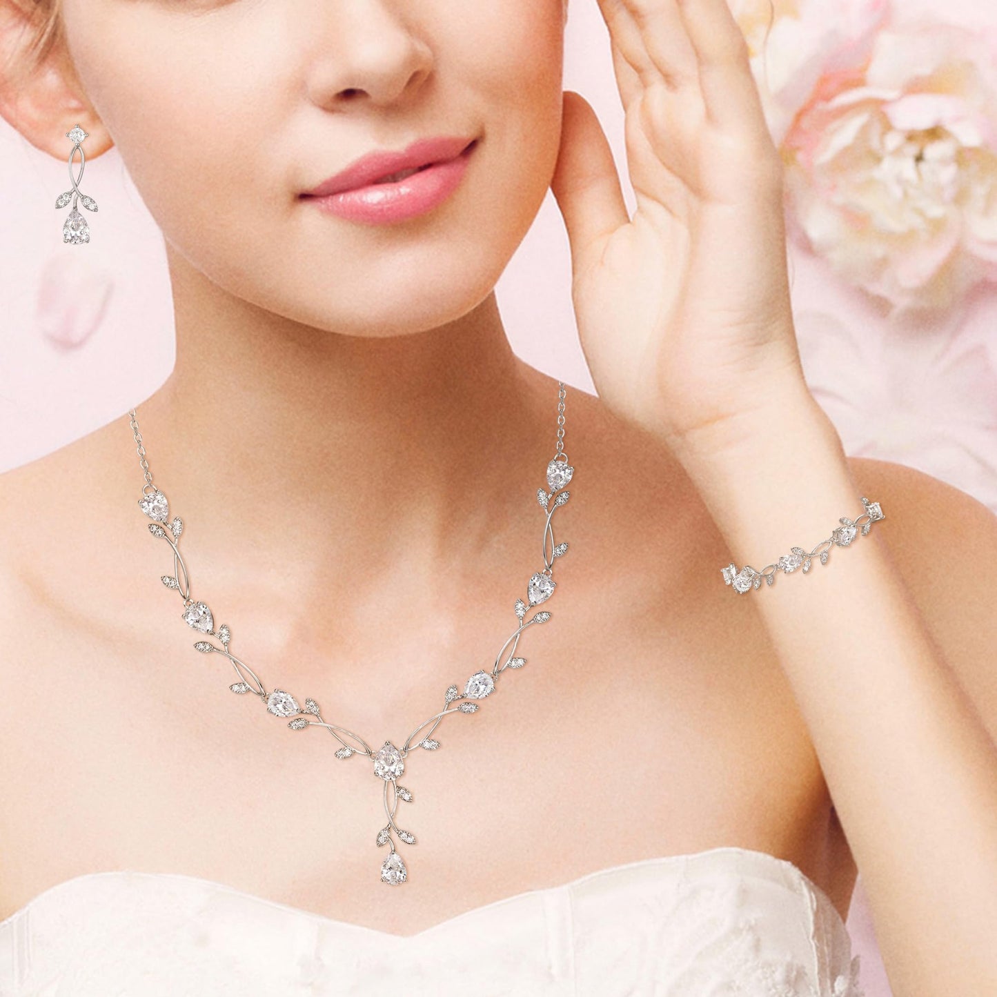 EVER FAITH Wedding Jewelry Set for Bride Bridesmaid, White-Gold-Plated-Brass Teardrop Cubic Zirconia Leaf Vine Bridal Prom Necklace Dangle Earrings Bracelet Sets for Women