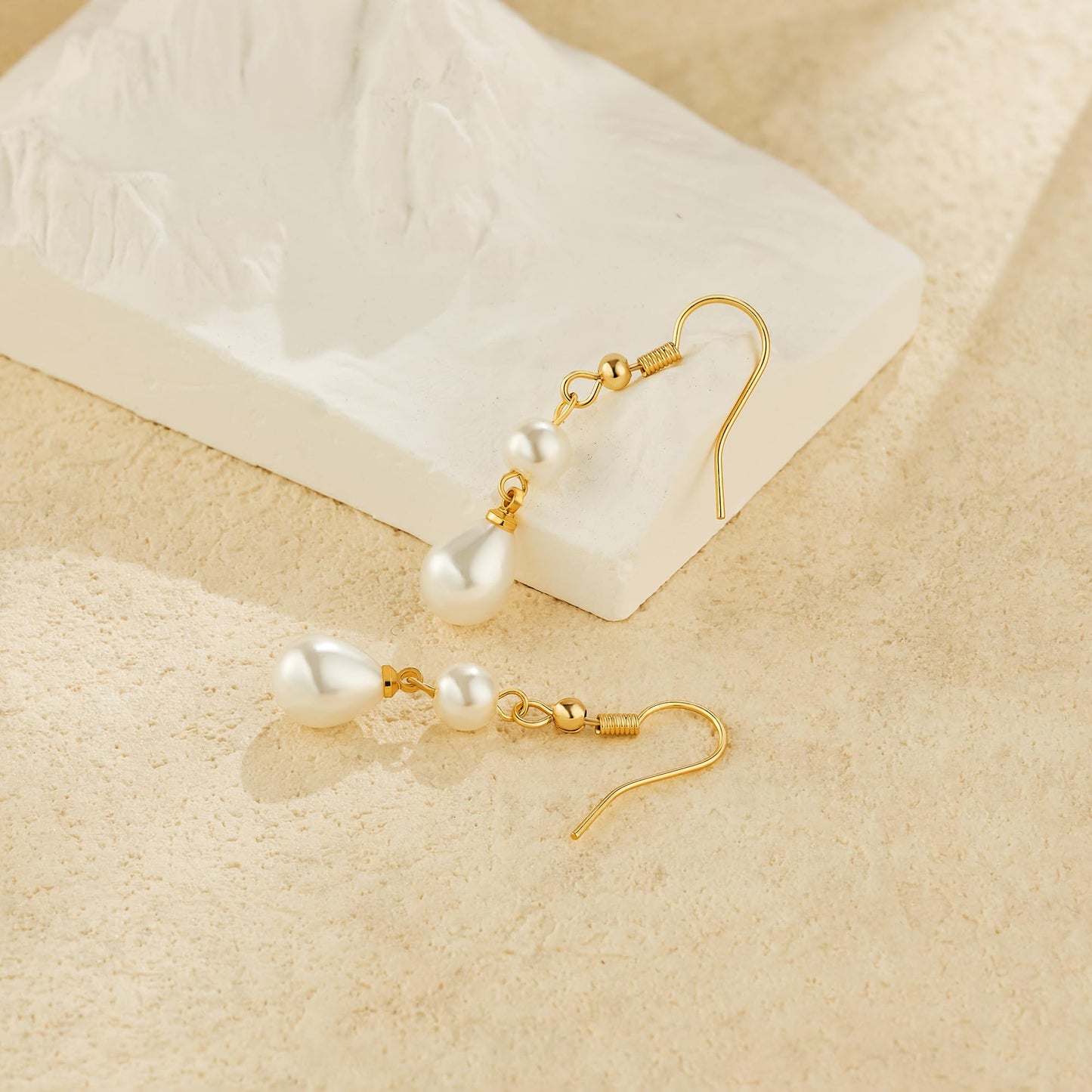 Freekiss Gold Pearl Earrings for Women: Trendy Gold Earrings 14K Gold Filled Lightweight Double Pearl Drop Earrings Simple Wedding Earrings Non Tarnish Jewelry for Women