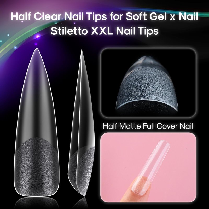 INENK No C Curve XXL Stiletto Nail Tips, Half Matte Clear Half Cover, Stiletto Flat Tips for Acrylic Nails Art Design, Salons, Home DIY Nail Extension(12 Sizes 240PCS)