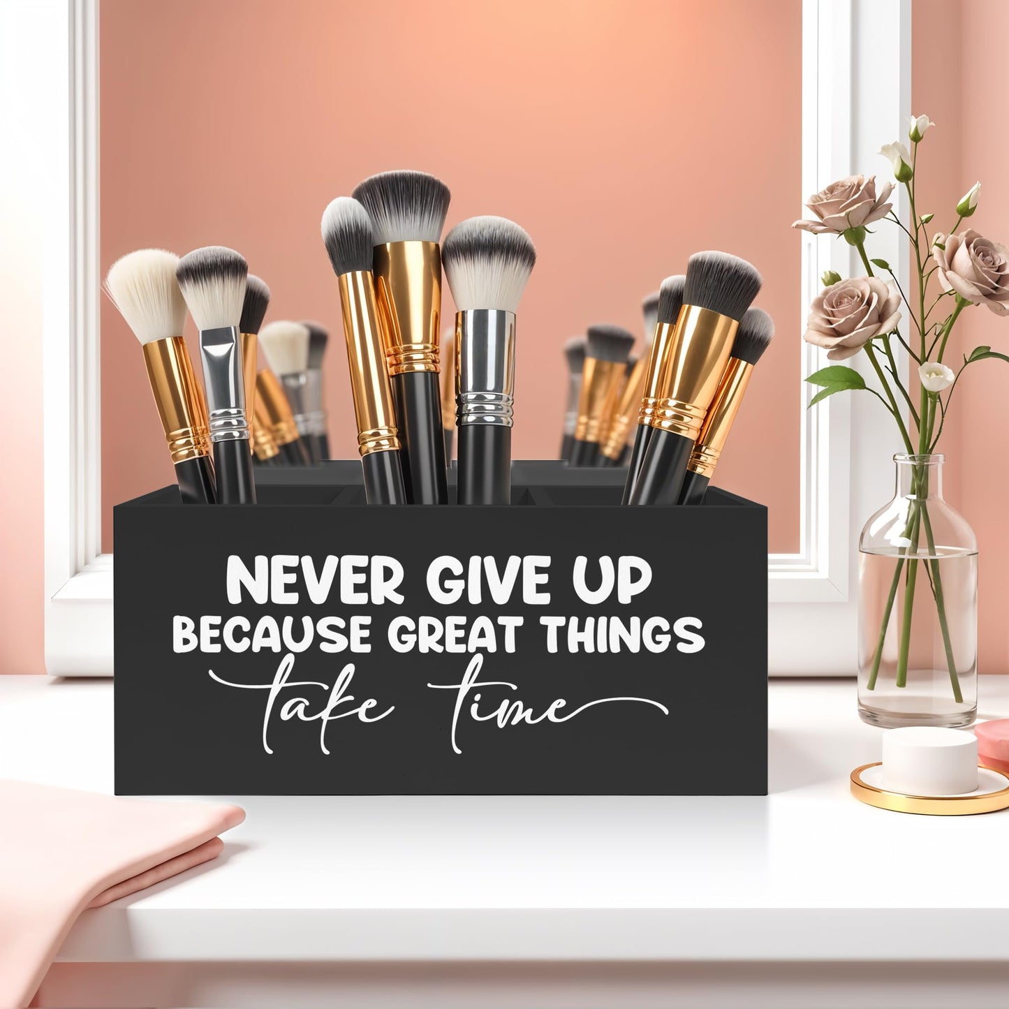 FITIE Inspirational Quotes Pencil Pen Holder for Desk, Never Give Up Because Great Things Take Time Wooden Pencil Holder Organizer for Home Office Desk Accessories, Gifts for Coworker