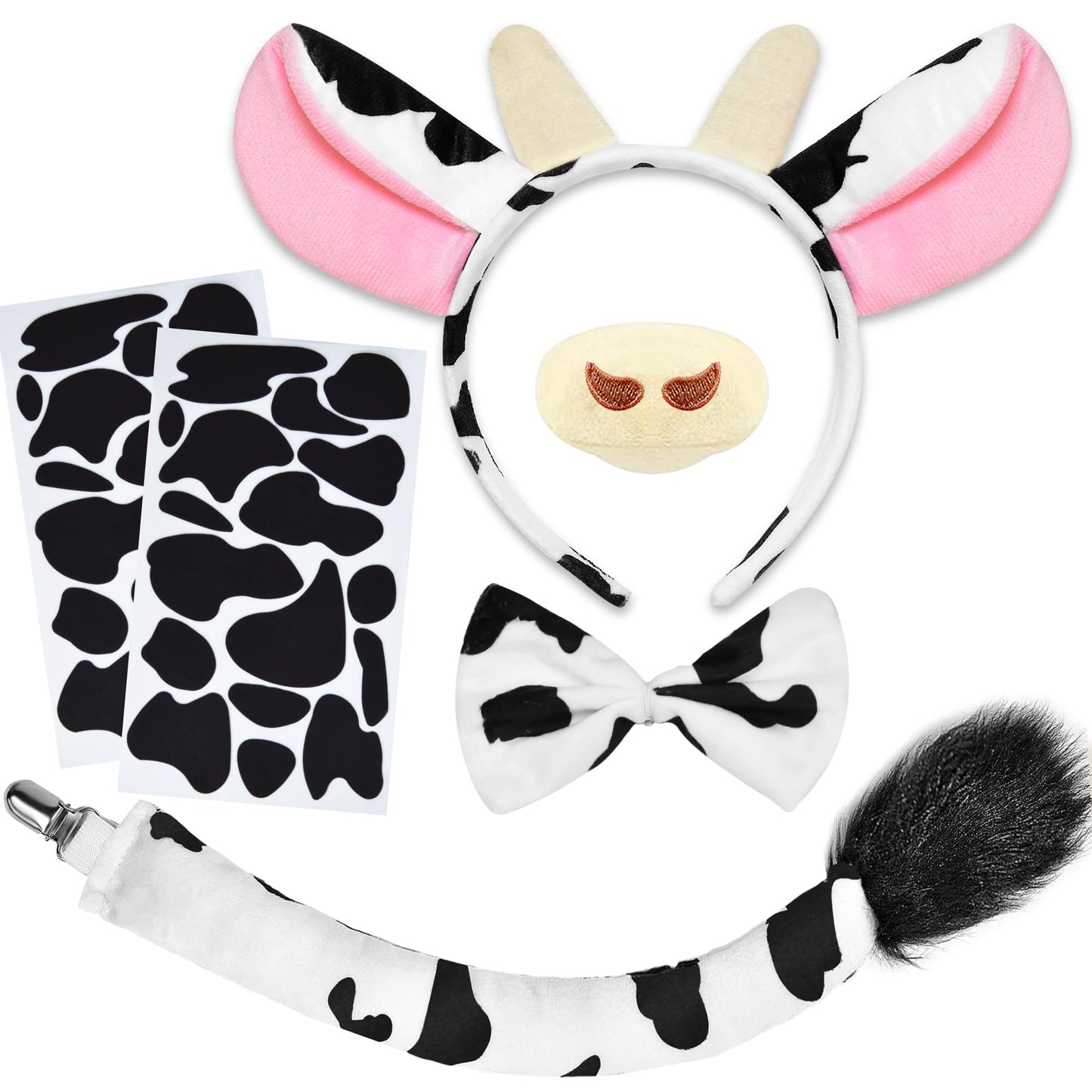U-Zomir Cow Costume Set, Cow Ears Headband Nose Bow Tie Tail and 34pcs Adhesive Felt Pads Stickers for Halloween Cosplay DIY Dress Up (Pink)