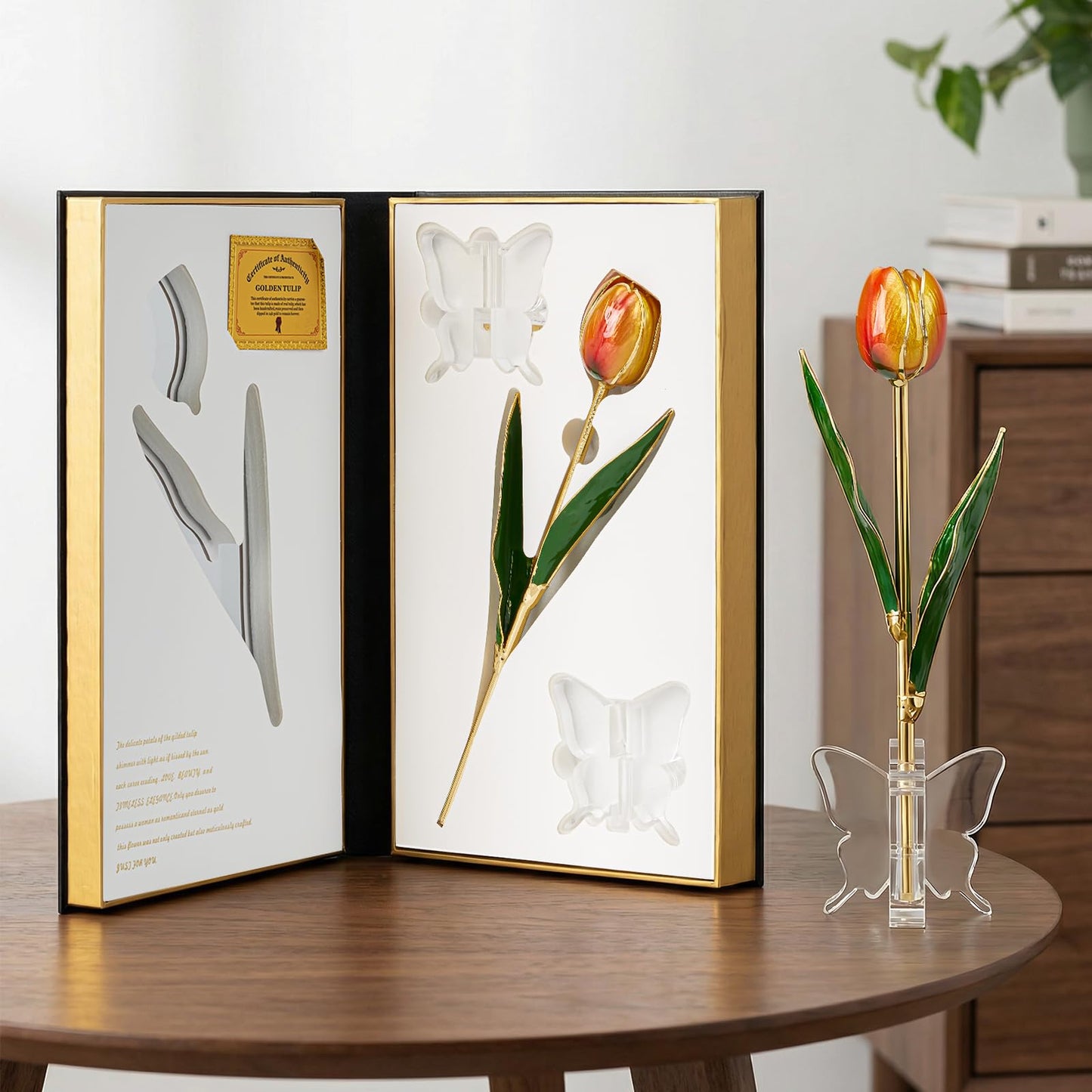 Mikasol 24K Gold Dipped Real Tulip – Amber Glow, Warm Forever Flower with Book-Style Gift Box & Butterfly Stand, Perfect for Her, Wife, Mom, Birthday, Anniversary