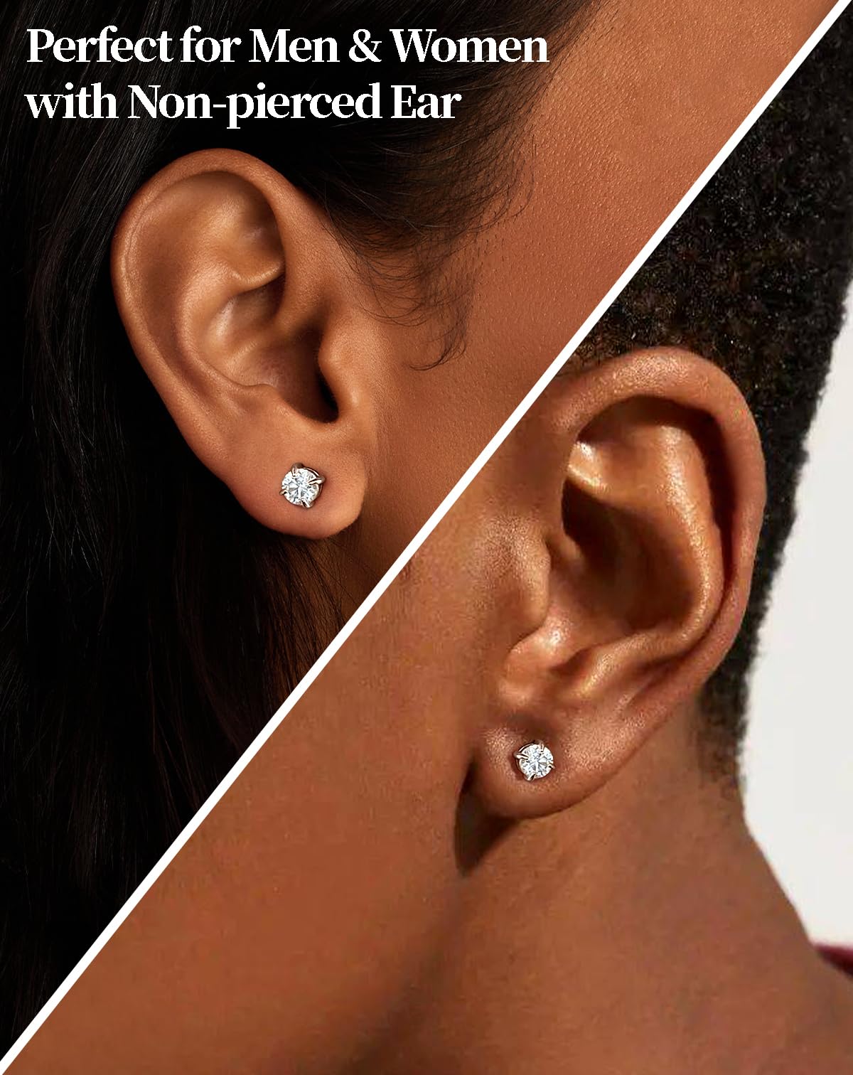 WORFAJEW Moissanite Earrings Magnetic Earrings for Men Women Stainless Steel 14K White Gold Plated Non Piercing Clip On Earring Hypoallergenic VVS1 Lab Diamond Mens Stud 1.6Carats