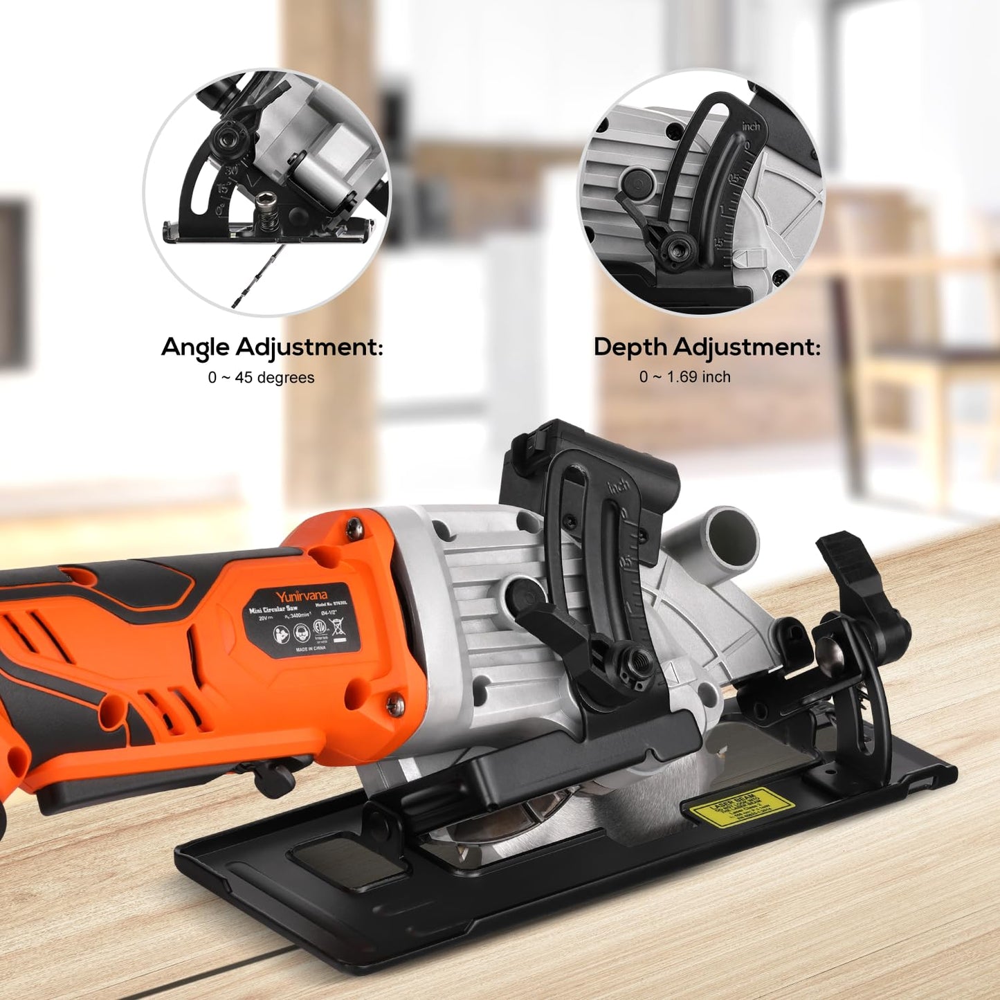 Yunirvana Mini Circular Saw, 20V 3400RPM Professional Cordless Circular Saw, Adjustable Angle and Depth,Max Cutting Depth 1-2/3"(90°), 1-1/8"(45°), Laser Guide, Rip Guide