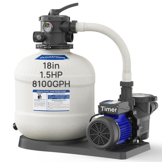 AQUASTRONG Sand Filter Pump for Above Ground Pool with Timer, Pool Pumps Above Ground, Pool Filter With 6-Way Valve, Improved Circulation and Filtration, 18in, Up to 28000 GAL