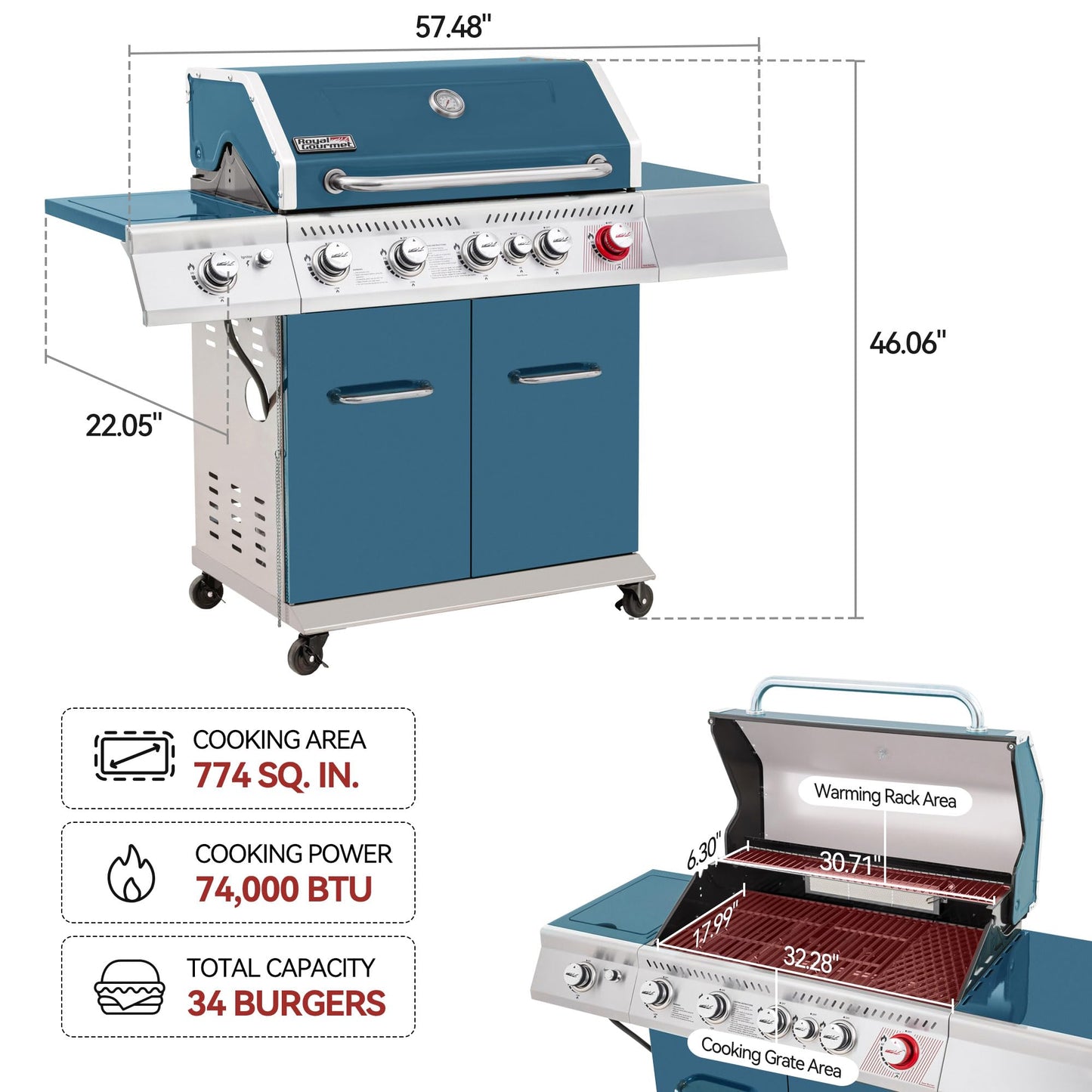 Royal Gourmet GA5403B 5 Burner Propane Gas Grill with Side Burner & Rear Burner, Cabinet Style Design BBQ Grill with 74,000 BTUs Output for Barbecue Grilling & Backyard Cooking, Blue