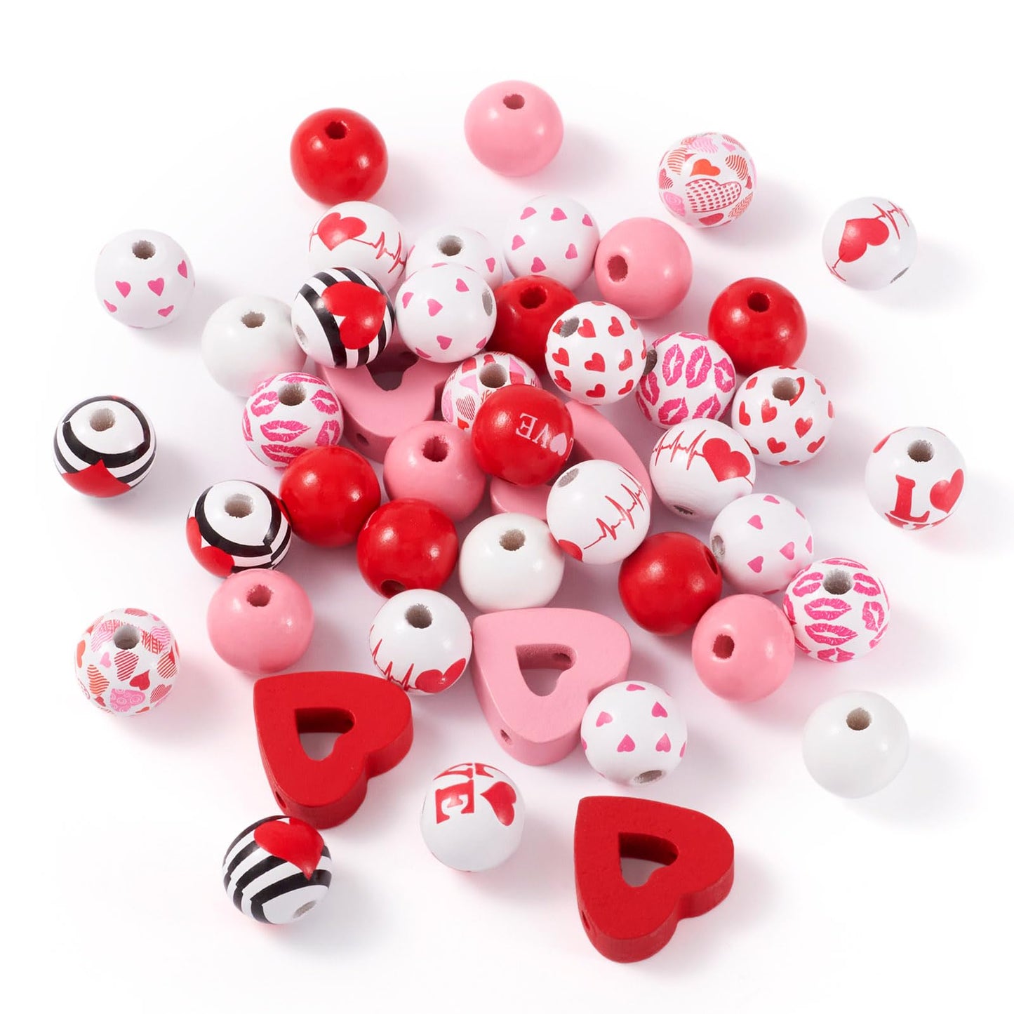 Beadthoven 180pcs Heart Wooden Beads 16 mm Round Wooden Craft Beads DIY Valentine’s Day Beads Natural Loose Spacers Handmade Red Pink Tassel Garland Beads for DIY Crafts Party Jewelry Making Supplies