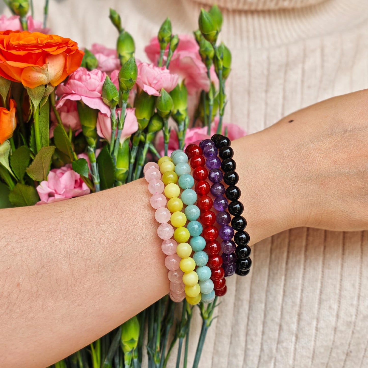 Handmade Natural Gemstone Elastic Bracelet - Healing Crystal Beads Jewelry, Unisex (Mulitcolor Amazonite, 8mm)