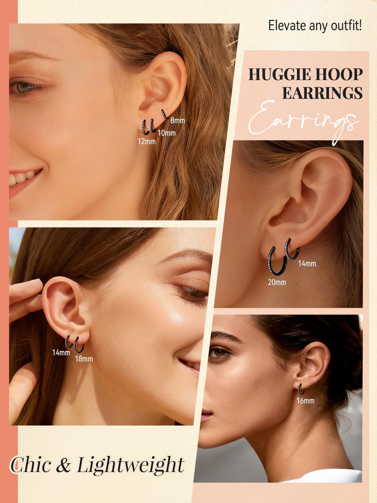 FaithHeart Cubic Zirconia Hoop Earrings for Women, Black Hypoallergenic Huggie Hoop Earrings, Small Cartilage Earrings for Women 16mm, Send Gift Box
