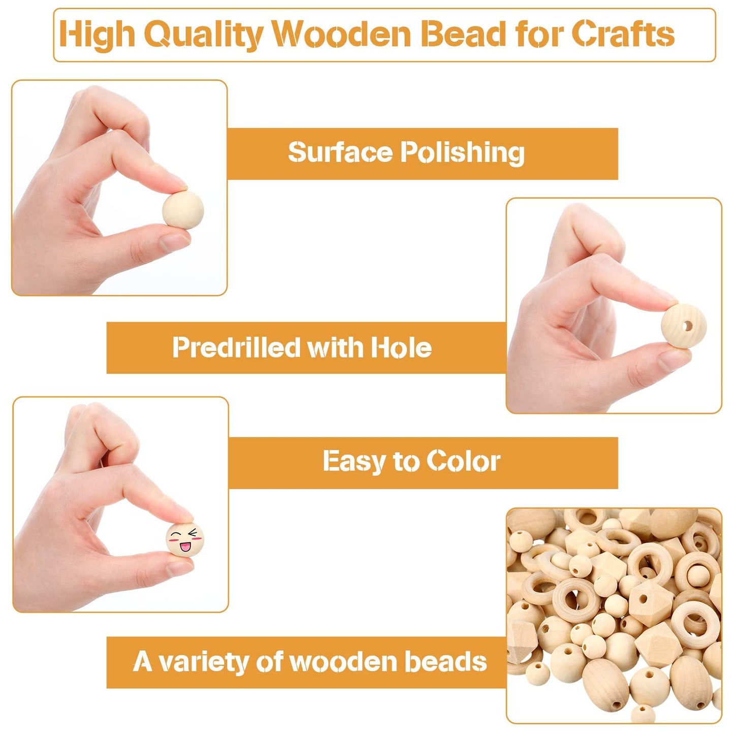 200 Pcs Natural Wood Beads Bulk 4 Styles Round Wood Hexagon Polygon Wooden Bird Spacer Unfinished Geometric Beads for DIY Crafts Garland Jewelry