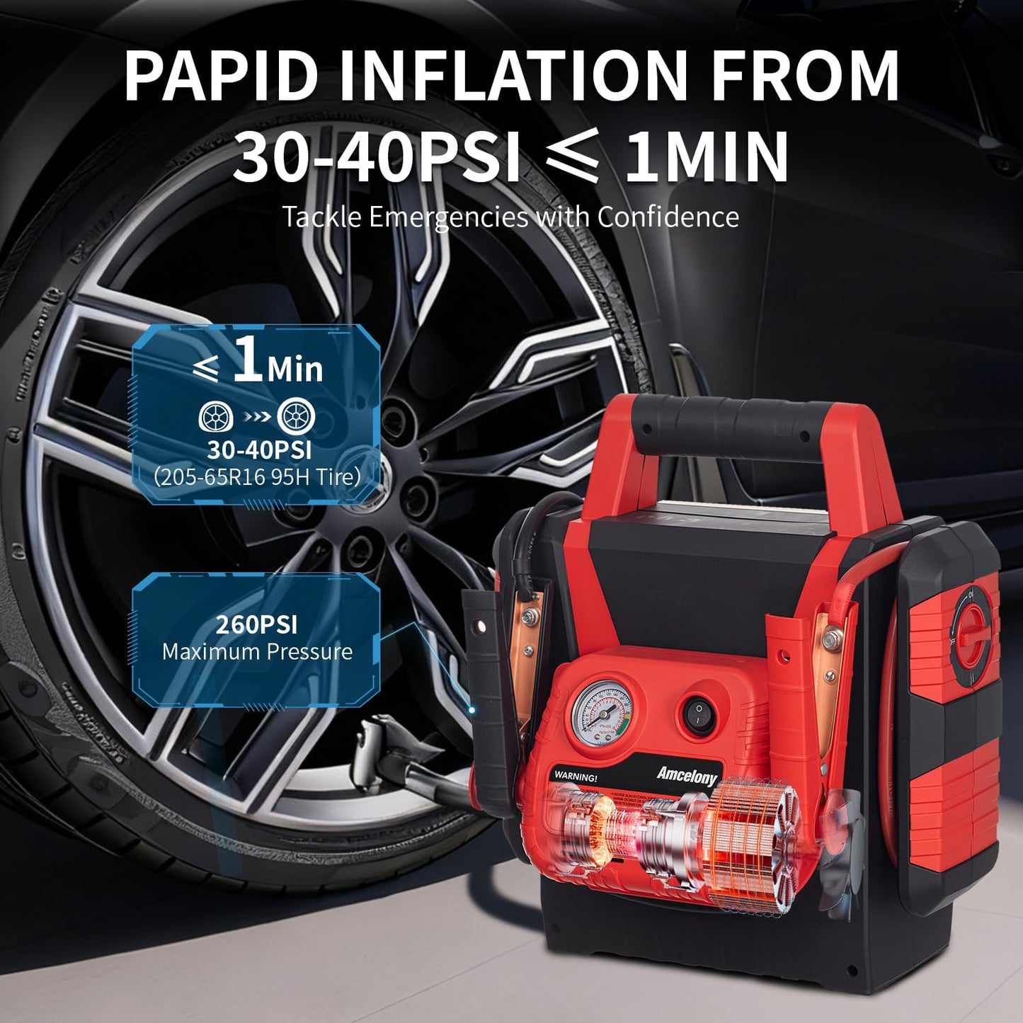 2000A Jump Starter with Air Compressor - Amcelooy Car Battery Jump Starter 260PSI Tire Inflator - Starts 8.0L Gas & 8.0L Diesel - 12V Portable Jump Box with LED Light & USB & DC Ports