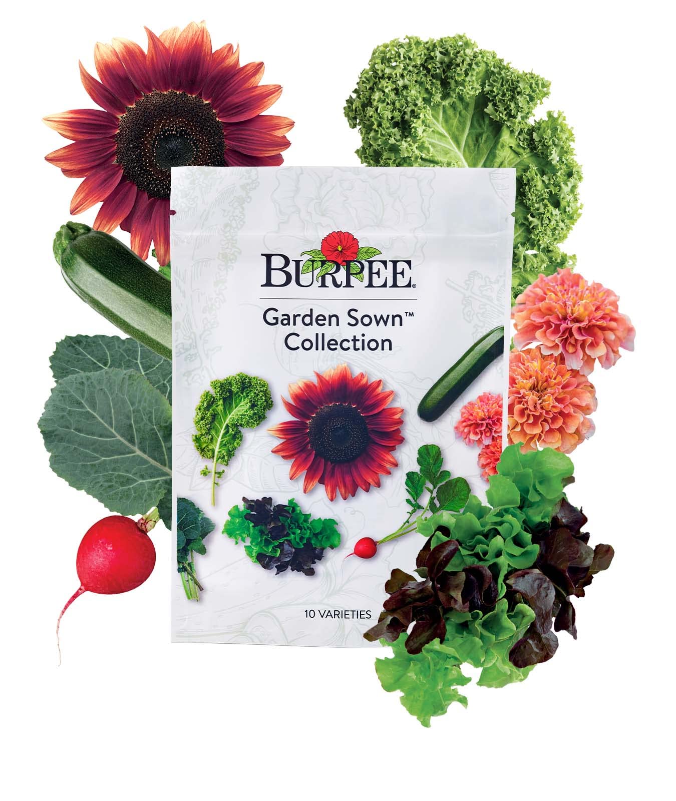 Burpee Garden Sown Flower, Herb & Vegetable 10 Packs of Non-GMO Basil, Lettuce, Cucumber, Radish, Spinach, Kale, Zucchini, Sunflower & Marigold, Seeds for Planting