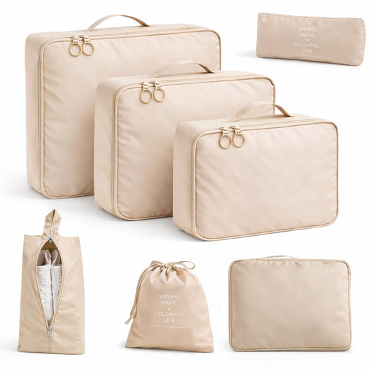 7 Set Packing Cubes For Travel | Luggage Organizer Bags With Shoe, Laundry Bag, Accessory Pouch And Lingerie Bag | Durable And Space Saving Suitcase Organizer For Travel Essentials | Beige