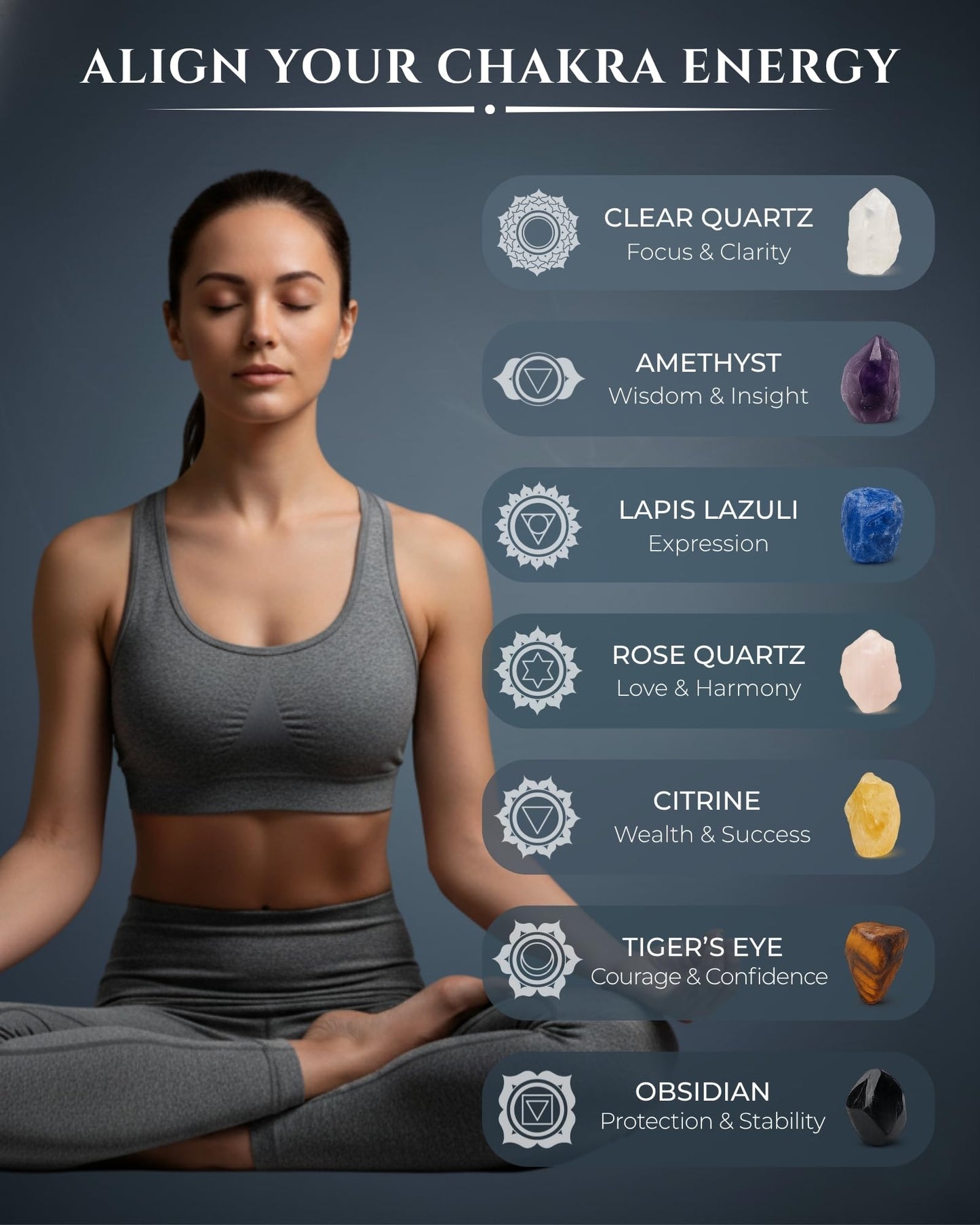 VELNORIX 7 Chakra Healing Crystals Grid Set – Real Stones, Clear Quartz Tower, Amethyst & Tree of Life Altar Tray – Spiritual Meditation & Reiki Decor for Yoga, Positive Energy (Guide Included)