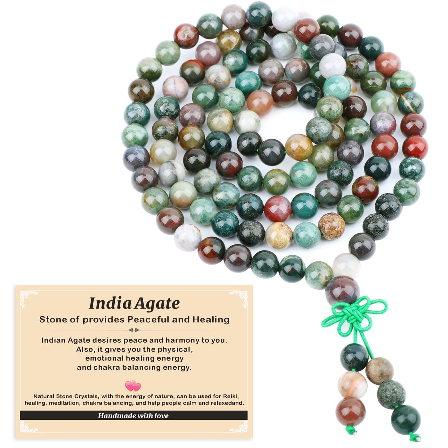 AD Beads 8mm 108 Prayer Mala India Agate Elastic Bracelet - Provides Peaceful and Healing - Handmade Yoga Meditation Healing Power Energy Gifts for Unisex Adult.