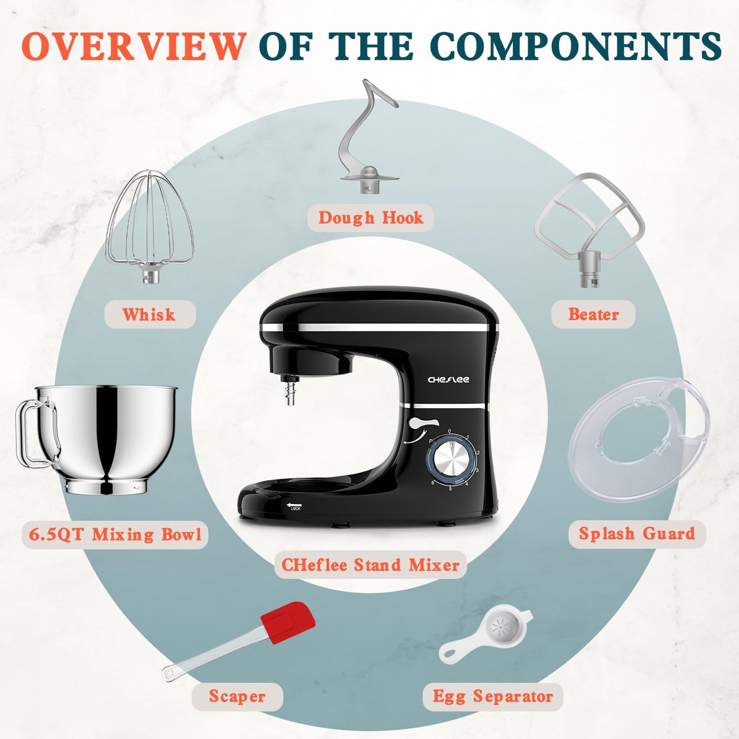 CHeflee Stand Mixer,660W 6+P With 6.5QT Stainless Steel Bowl,Dough Hook, Wire Whip & Beater,for Most Home Cooks,Black