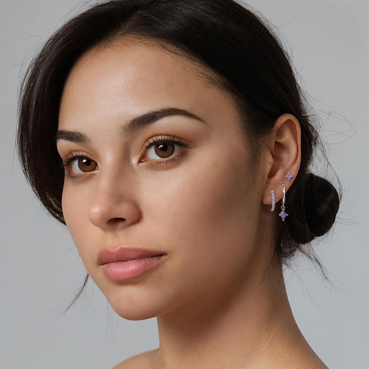Sterling Silver Earrings Set for Women, Dainty Silver Purple Cartilage Huggie Hoop Earring, Hypoallergenic Trendy Small Amethyst Earring Stacks for Multiple Piercing, Purple Earring Jewelry Gifts