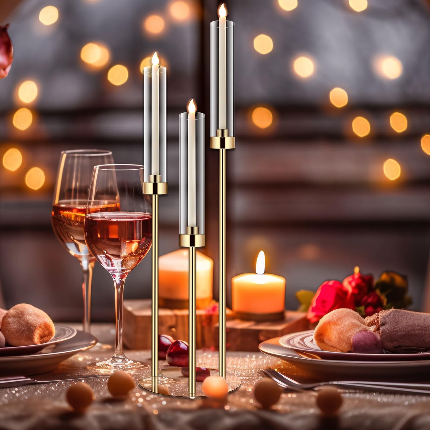 Layhit 6 Set Wedding Gold Candelabra Centerpieces for Tables, 3 Arm Tall Acrylic Candle Holder Centerpiece with Clear Shades for Reception, Party, Dining Decor, Anniversary, Fits 0.87" LED Candles"