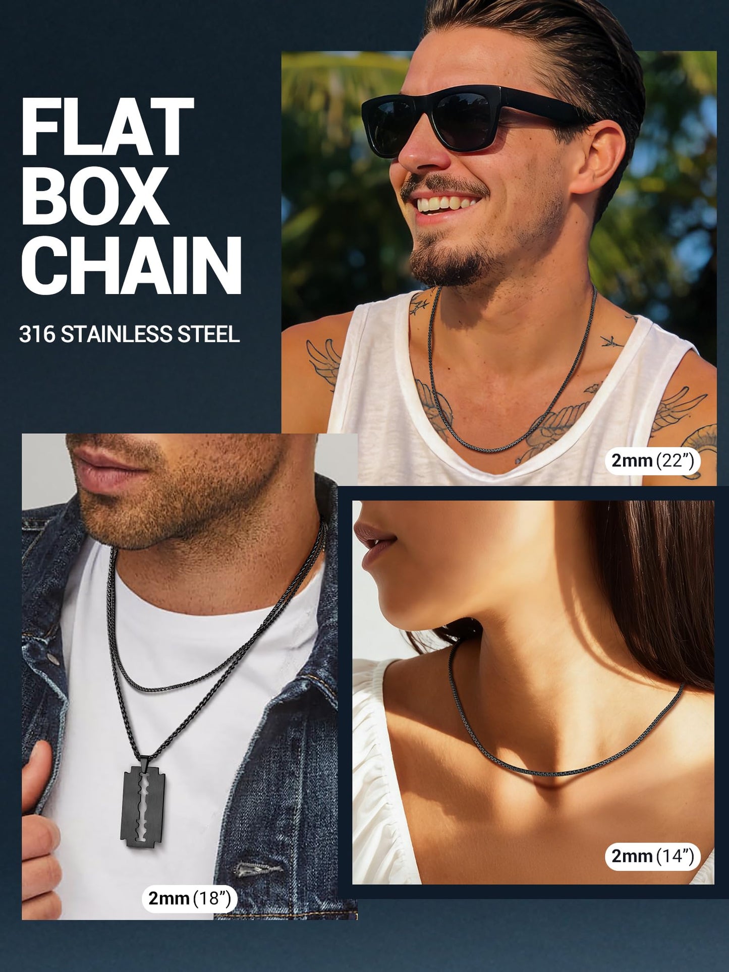 PROSTEEL Black Necklace Chain 2mm Black Stainless Steel Necklace for Men Minimalist Gothic Jewelry 20inch