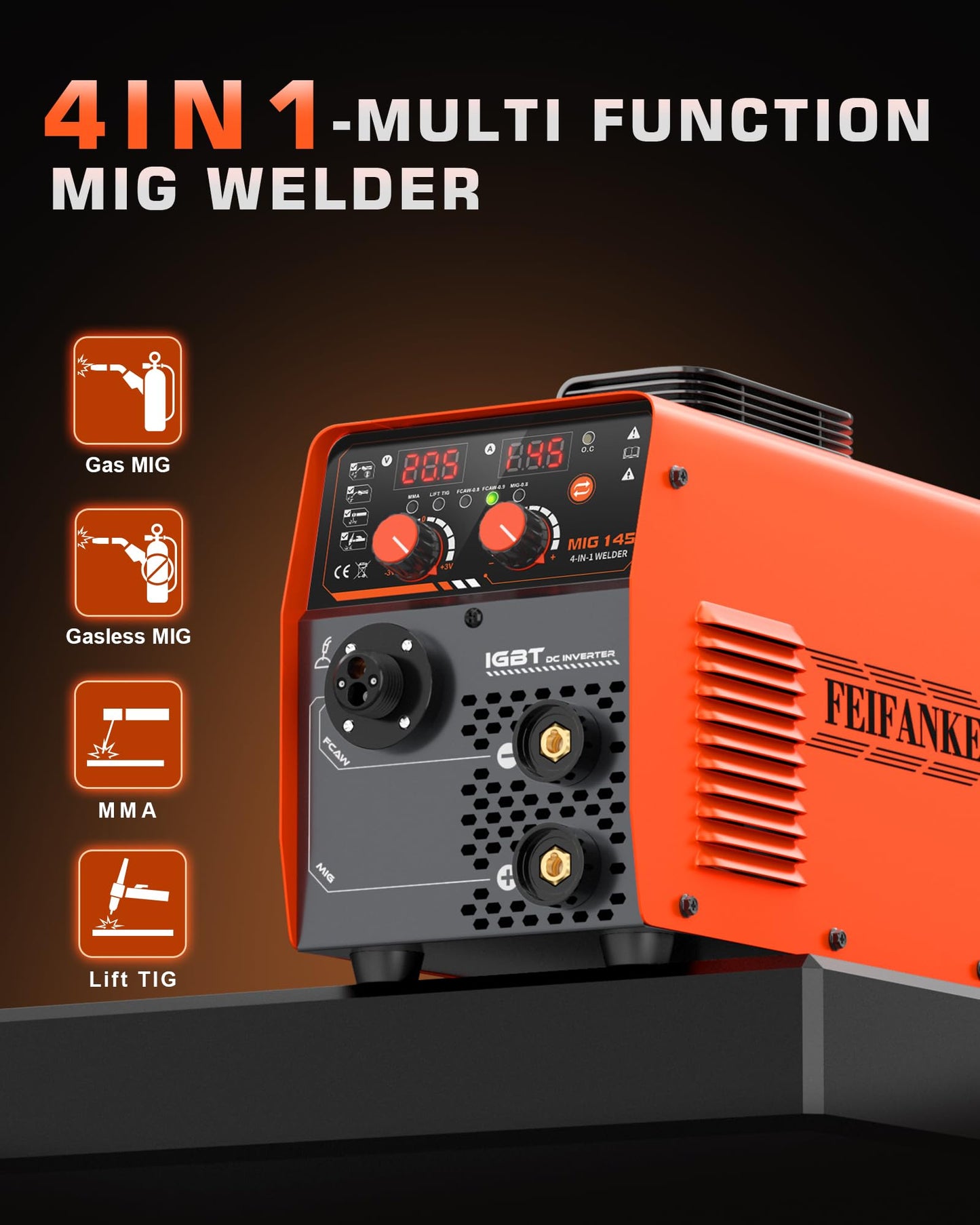 145A MIG Welder 110V, Gas MIG/Flux Core Gasless MIG/MMA Stick/Lift TIG, 4-in-1 Multi-Process Welding Machine with Synergic Control, Wire Feed Welder with IGBT Inverter & Complete Kit