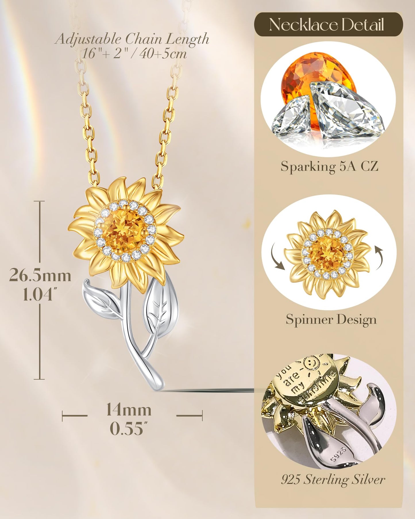 FANCIME Spinning Sunflower necklace Sterling Silver Gold Plated Anxiety Pendant for anti-stress, You Are My Sunshine Fidget Rotatable Jewelry Birthday Mothers Day Gifts for Women Mom Wife Her