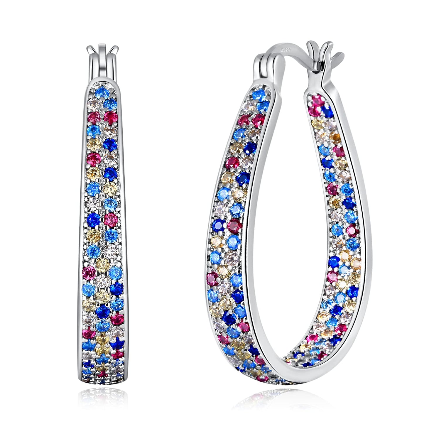 CiNily 925 Sterling Silver Post Hoop Earrings for Women 14K White Gold Plated Rainbow Cubic Zirconia Hoop Earrings Large Oval Chunky Hoops Gemstone Earrings Jewelry