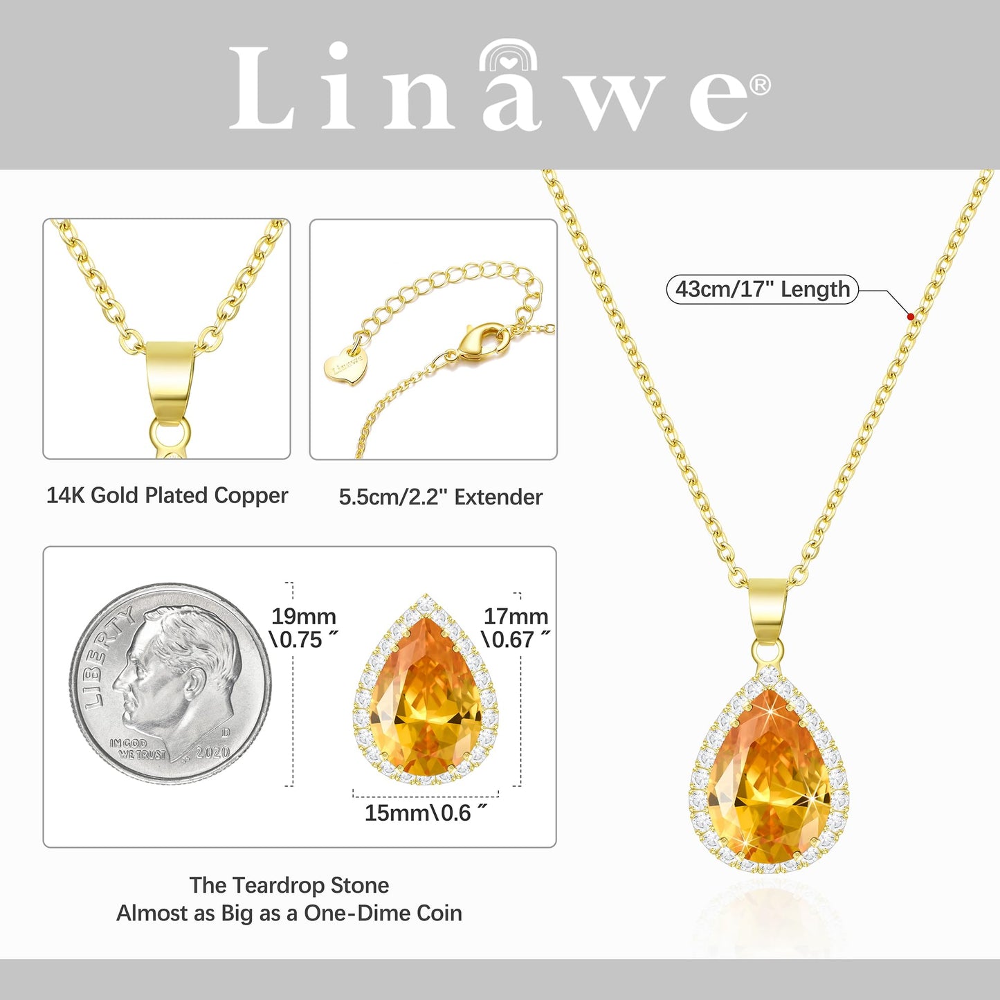 Linawe Citrine Yellow Crystal 14K Gold Chain Necklace for Women, Imitation Diamond Pendant Preppy Necklace, Cubic Zirconia Rhinestone Teardrop Boho Vintage Jewelry Set