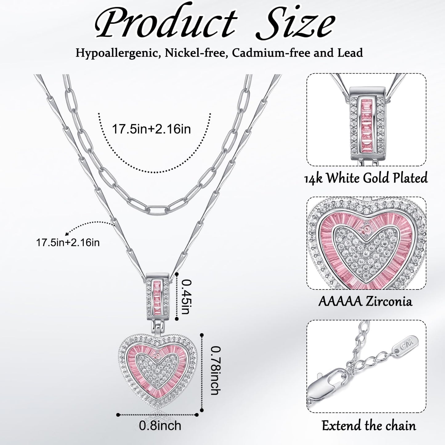 MEIITRUE Heart Necklaces for Women Trendy 14k White Gold Plated Dainty Layered Necklace Set Cubic Zirconia Love Pendant Choker Thin Paperclip Chain Stackable Jewelry Gift Pink