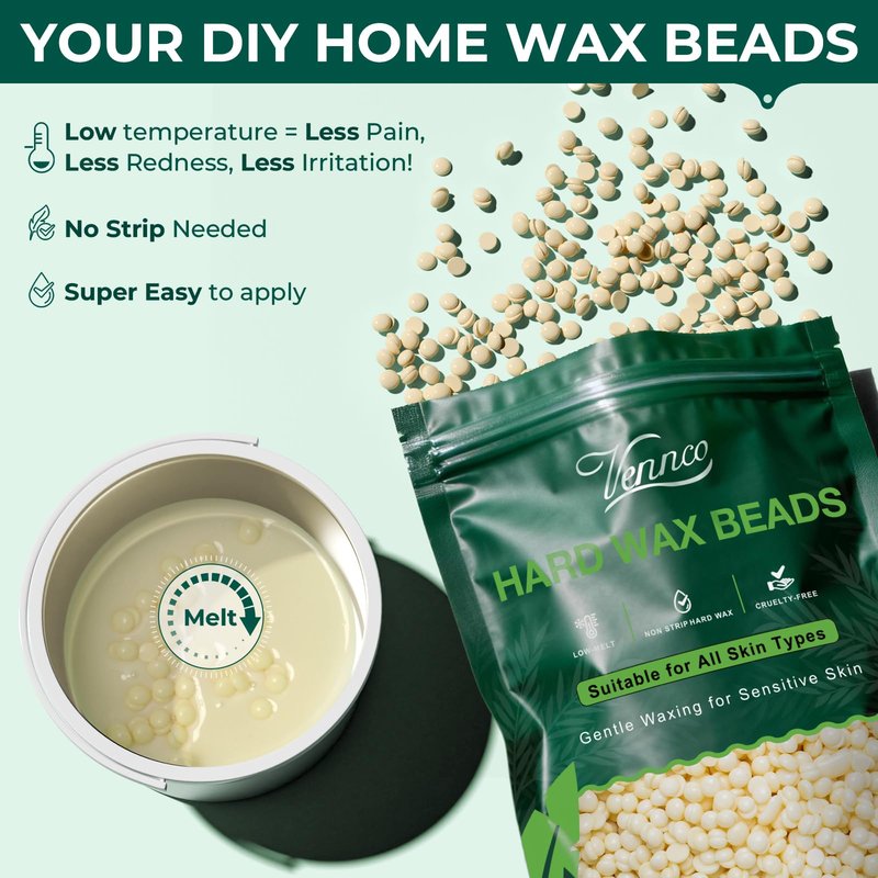 VENNCO 1lb Cream Wax Beads for Hair Removal, Hard Wax Beads Refill for Fine Hair and Detail Areas, Designed for Eyebrow Facial Bikini and Body Waxing at Home, Stripless Low Temperature Wax