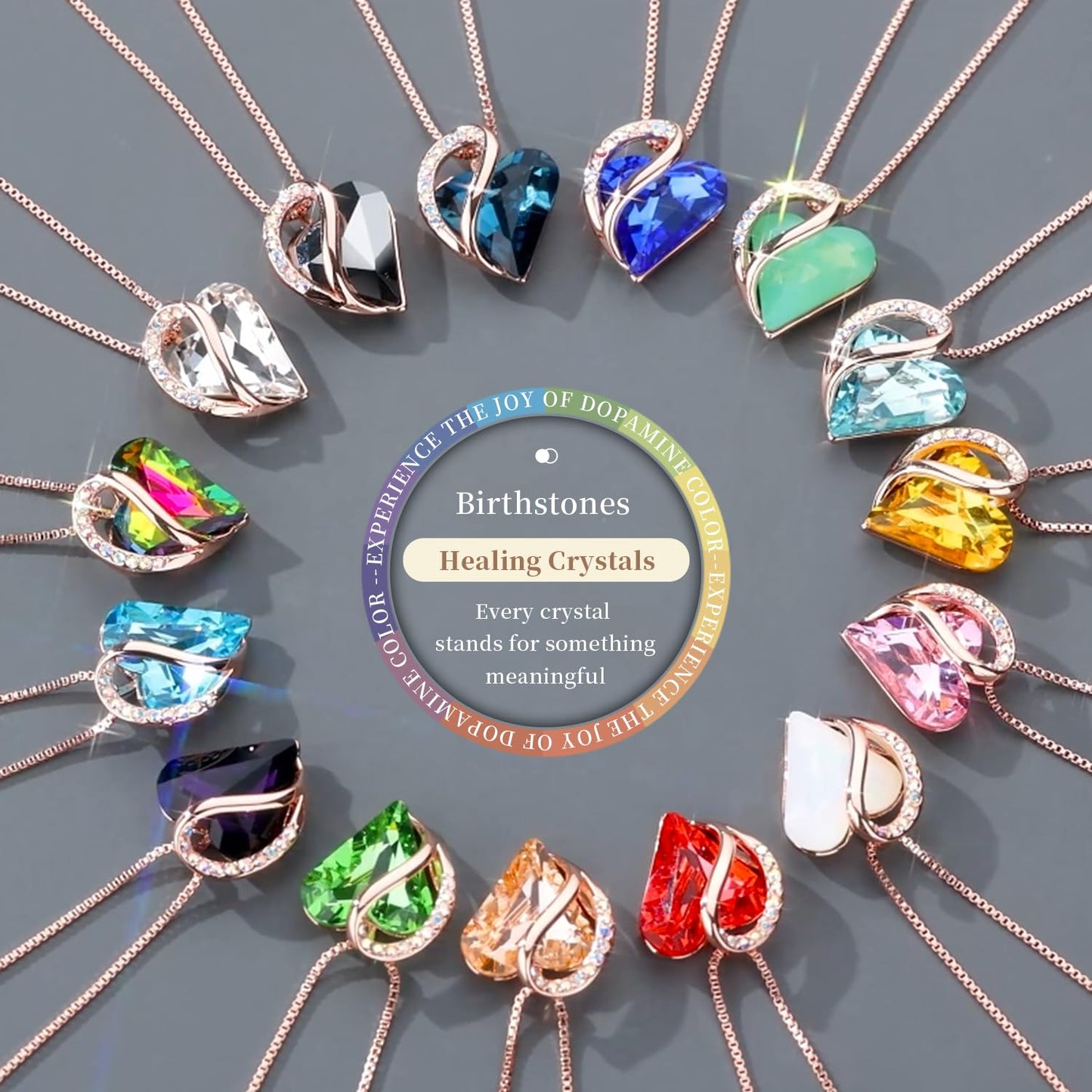 Leafael Gifts for Women Rose Gold Plated Necklaces: Heart Shaped Rainbow Black Healing Crystal, Cubic Zirconia, Hypoallergenic Chain (18"+2"), Jewelry for Anniversaries and Birthdays