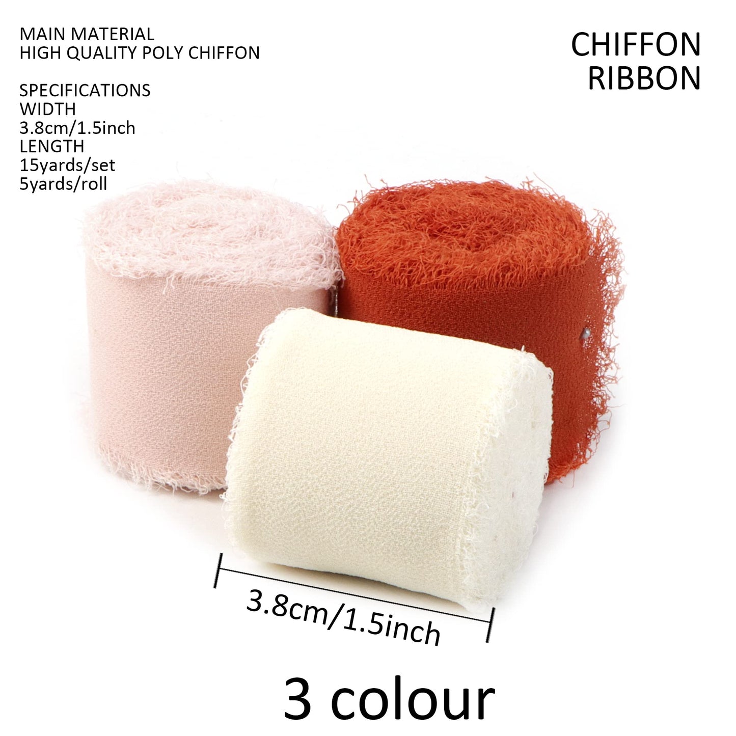 David accessories Handmade Chiffon Silk Ribbon 1.5" x 15 Yd Frayed Edges Ribbons Set for Wedding Invitations, Bridal Bouquets, Gifts Wrapping, DIY Crafts (Terracotta & White, 1.5")