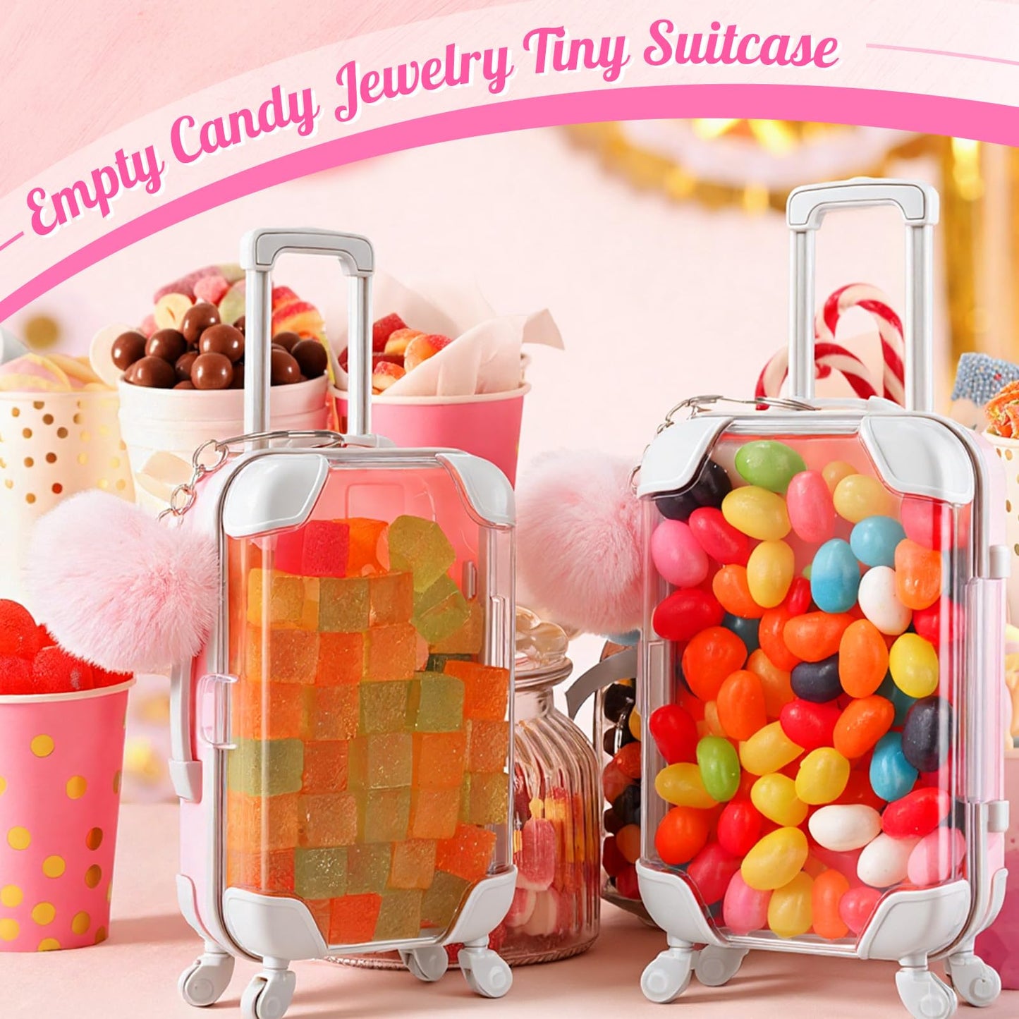 VioraWhite 6 Pcs Mini Suitcase Empty Storage Box and Plush Ball Keychain Candy Luggage Containers Packaging Case for Bridal Shower Baby Shower Party Favors Travel Gifts (Pink)